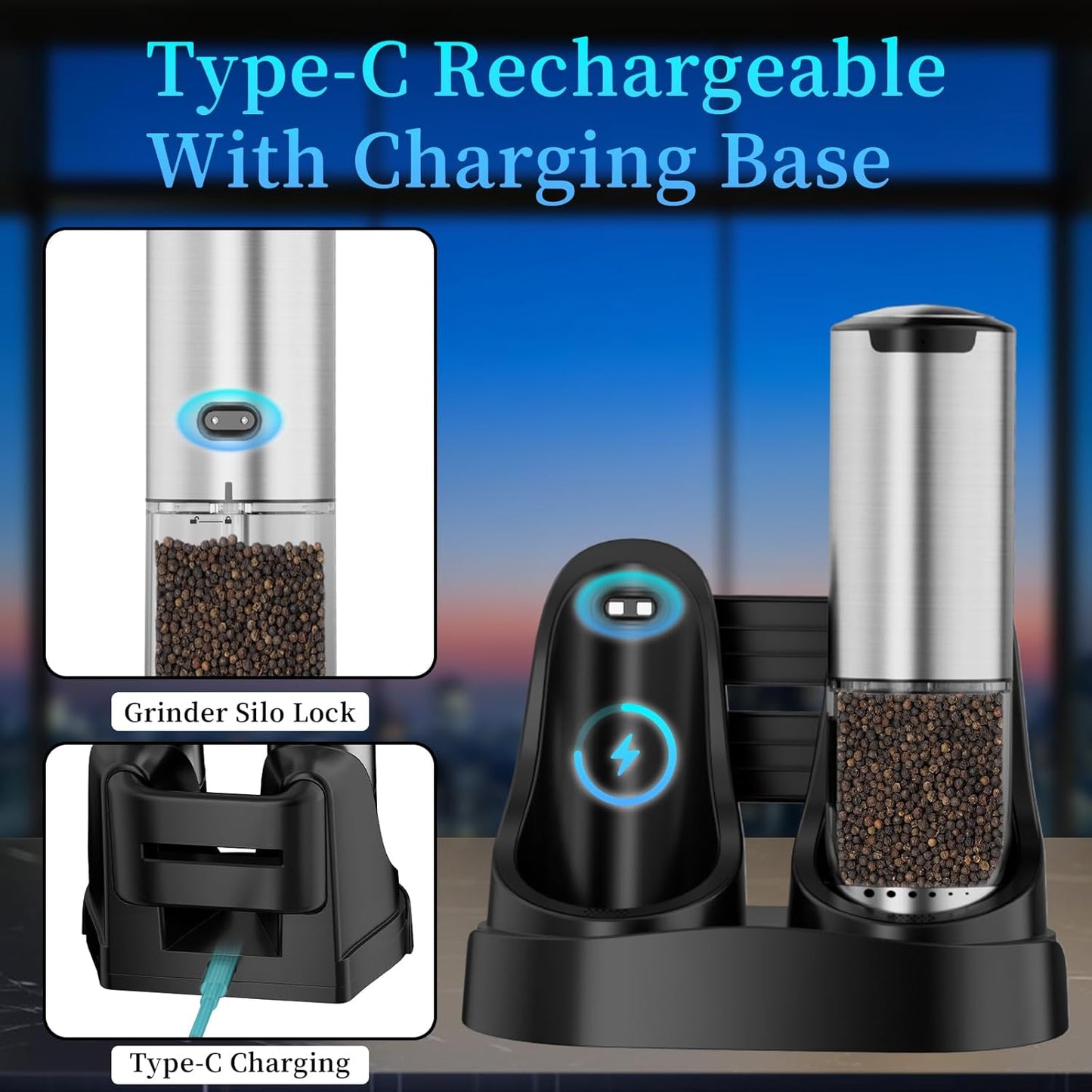 Skiennix Electric Salt and Pepper Grinder Set - Type-C Fast Charging, Adjustable Coarseness, Stainless Steel | LED Light