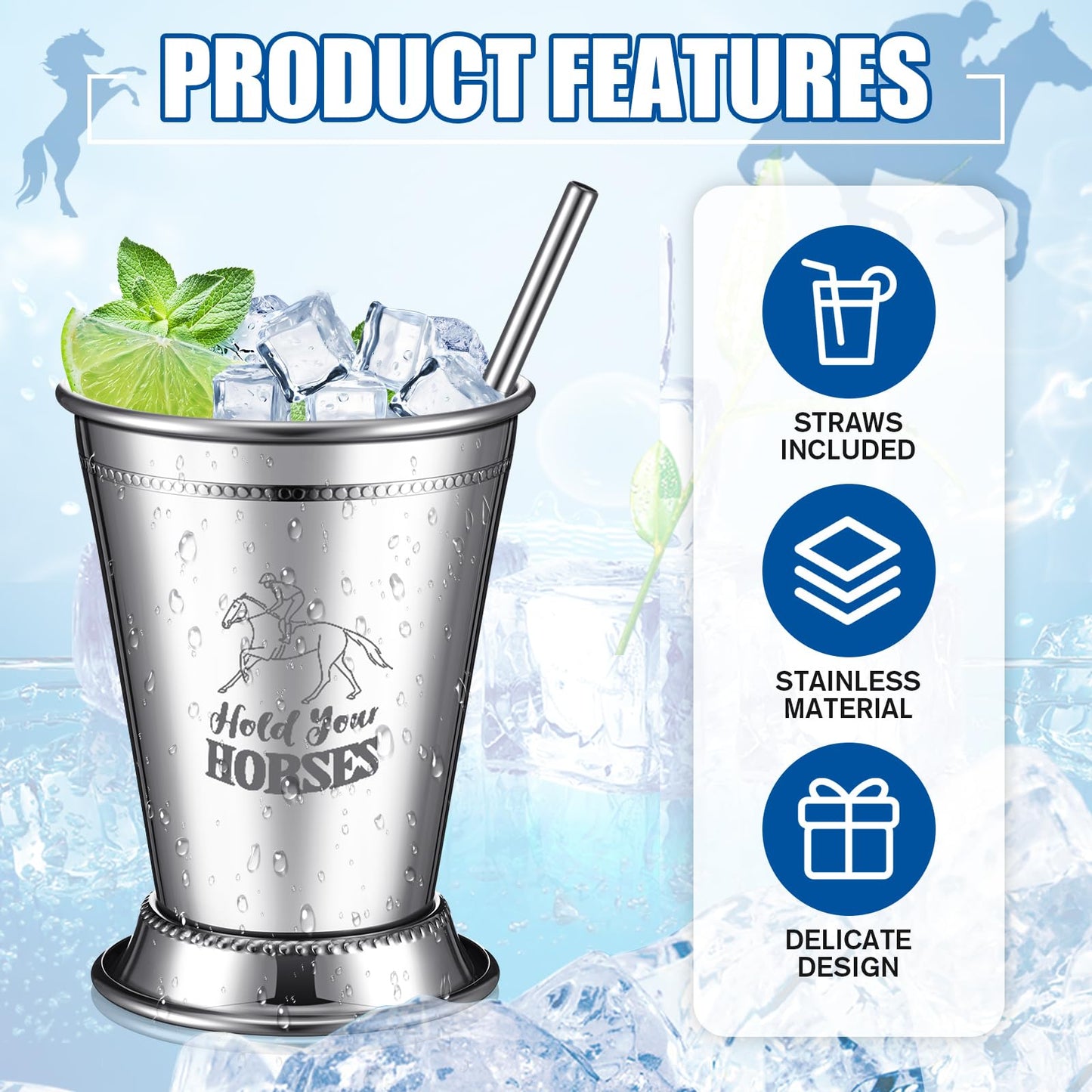 Ziliny 24 Pack Mint Julep Cups with Straws 12 oz Stainless Steel Drinking Cups Metal Cocktail Glasses Beaded Mint Julep for Horse Racing Derby Party Supplies