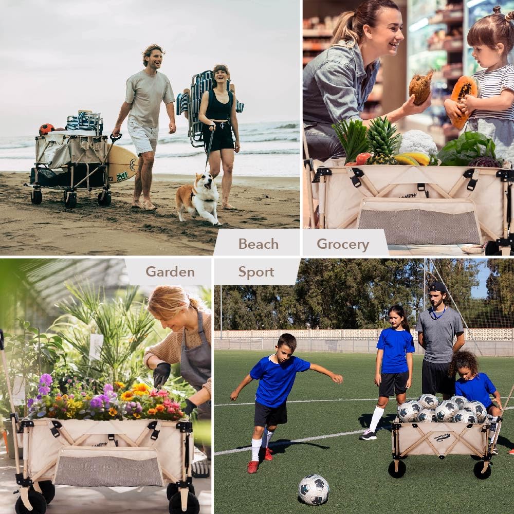 Camphor Designs 400L Collapsible Folding Double Decker Beach Wagon |Heavy Duty Utility Cart Extender|Supports 450lbs|All-Terrain Big Wheels with Breaks for Sports Camping (Grey/Grey)