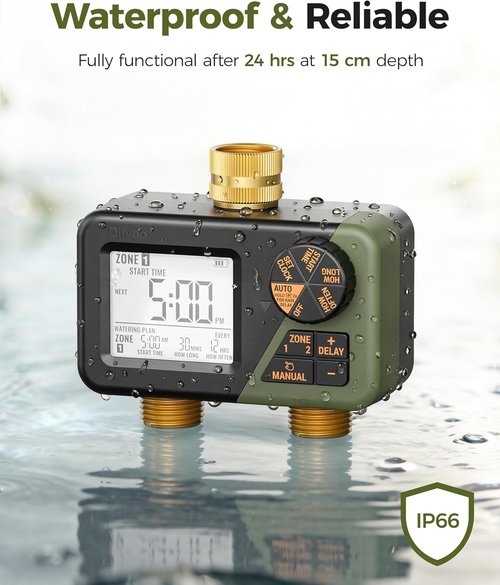 Diivoo Brass Sprinkler Timer - 2-Zone IP66 Waterproof Programmable Hose Timer | Large Display & Rain Delay for Garden Irrigation