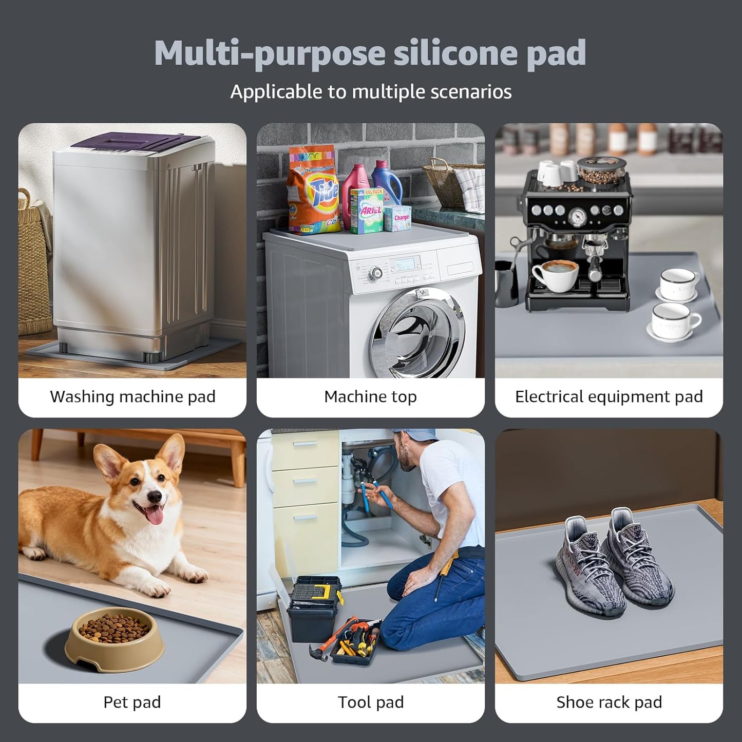 Skiennix Washing Machine Drain Pan - Waterproof Silicone Mat with 0.78'' Raised Edges | 27''x27'' Gray