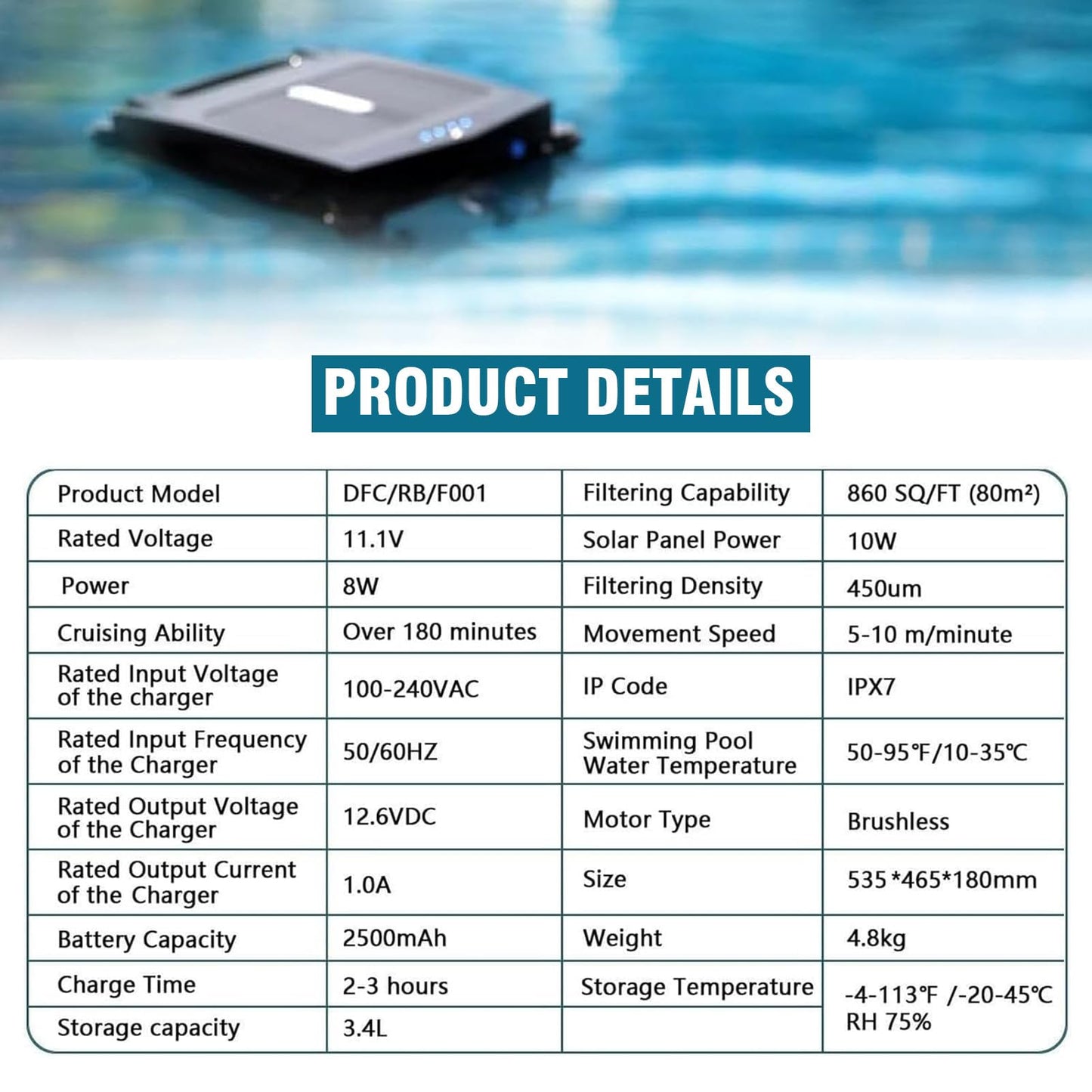 Solar Pool Skimmer with 2500Mha Battery/Large Capacity Debris Basket, Automatic Pool Cleaner, Dual Mode Cleaning, Intelligent Route Planning