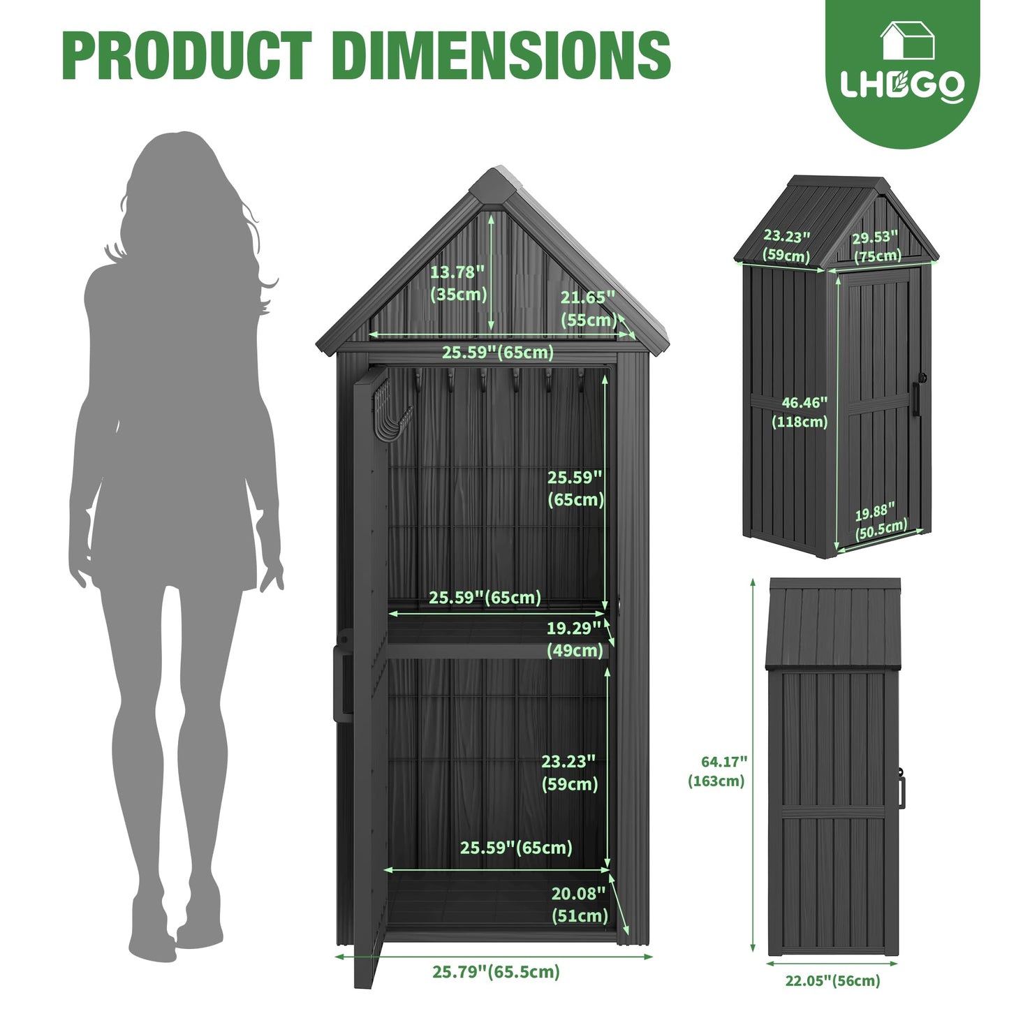 LHBGO Outdoor Storage Shed with Door & Shelf, Large Capacity Weatherproof Garden Tool Cabinet with Multiple Hooks for Backyard, Patio, Lawn(Black