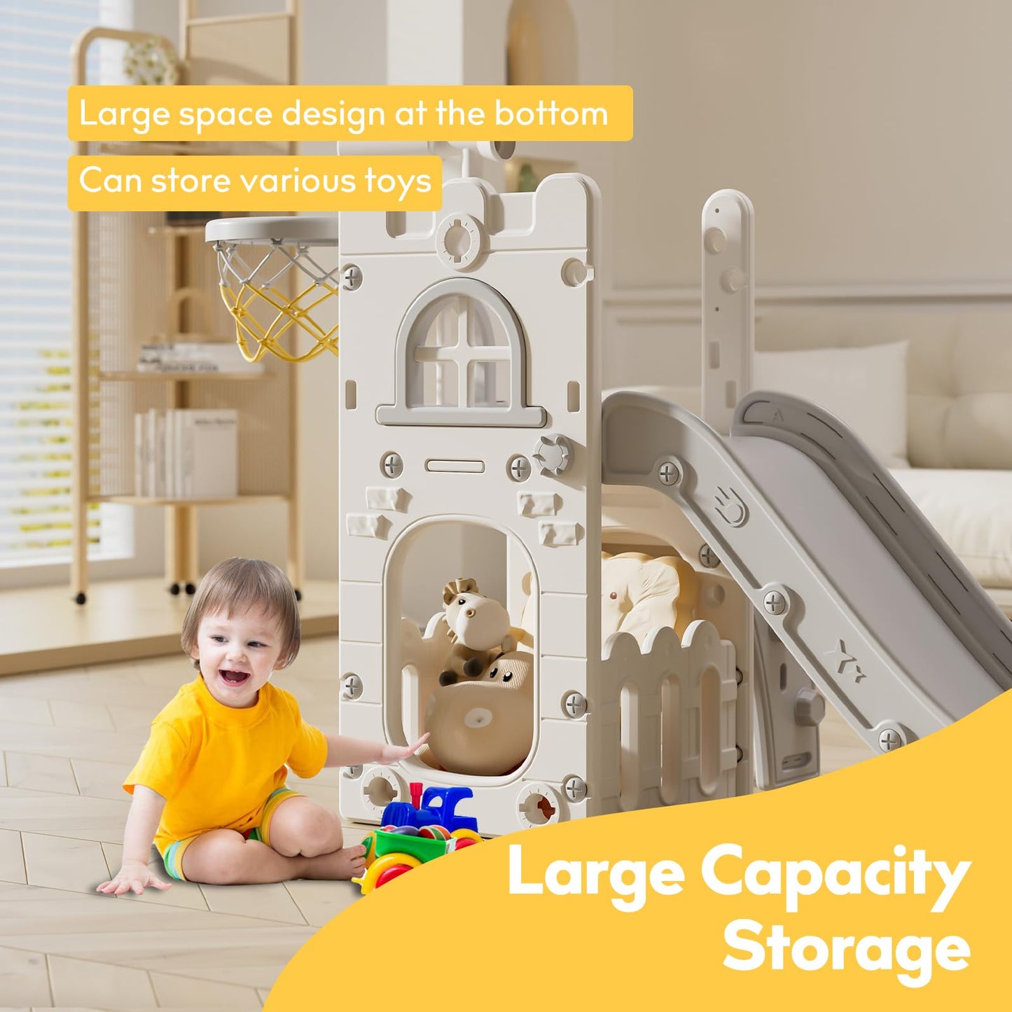 Toddler Slide,Kids Slide Playset for Toddler,Indoor Outdoor Slide Toddler Playset with Storage Space and Non-Slip Steps,Gifts for Boys and Girls 1-3 Years (White Gray)