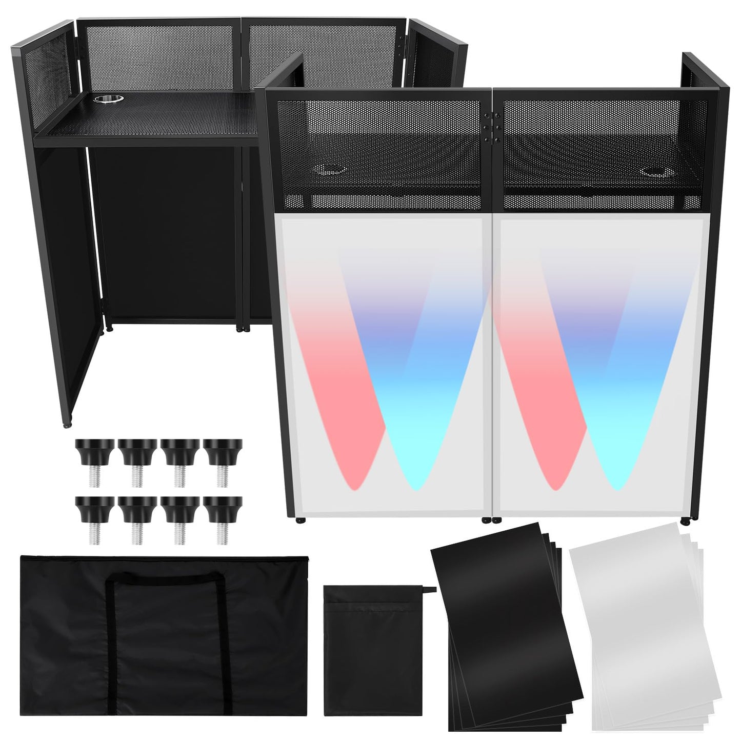 Portable DJ Facade Booth, Foldable DJ Table Station With White & Black Lighting Scrim,50"L x48" Hx 25"W DJ Stand Booth,With Adjustable DJ Event Facade Feet for Party, Black Metal Frame (52x 43.2 x 26)