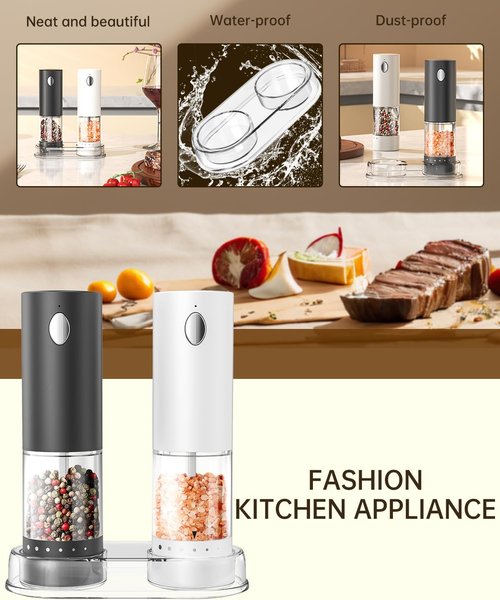 CIRCLE JOY Electric Salt and Pepper Grinder Set - Rechargeable Mills with 6-Level Coarseness & LED Light | Black & White