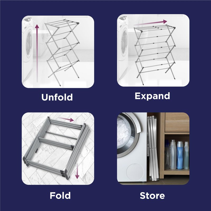 BLACK+DECKER 3 Tier Expandable Collapsing Foldable Laundry Rack for Air Drying Clothing, Space Saving Heavy Duty Lightweight Metal Drying Rack, Grey