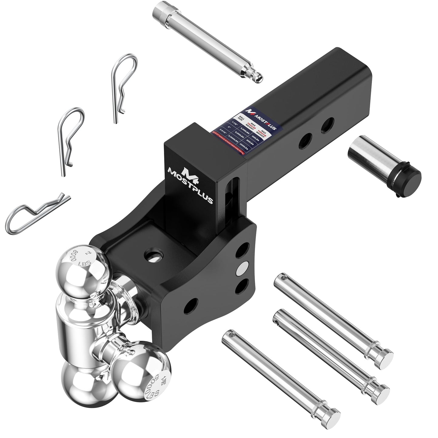 MOSTPLUS Trailer Hitch, 2.5 Inch Receiver, Tri-Ball Mount with 2" & 2-5/16" & 1-7/8" Balls, 5,000-20,000 LBS GTW, 4" Adjustable Height Heavy Duty Towing Hitch for Most Truck & SUV