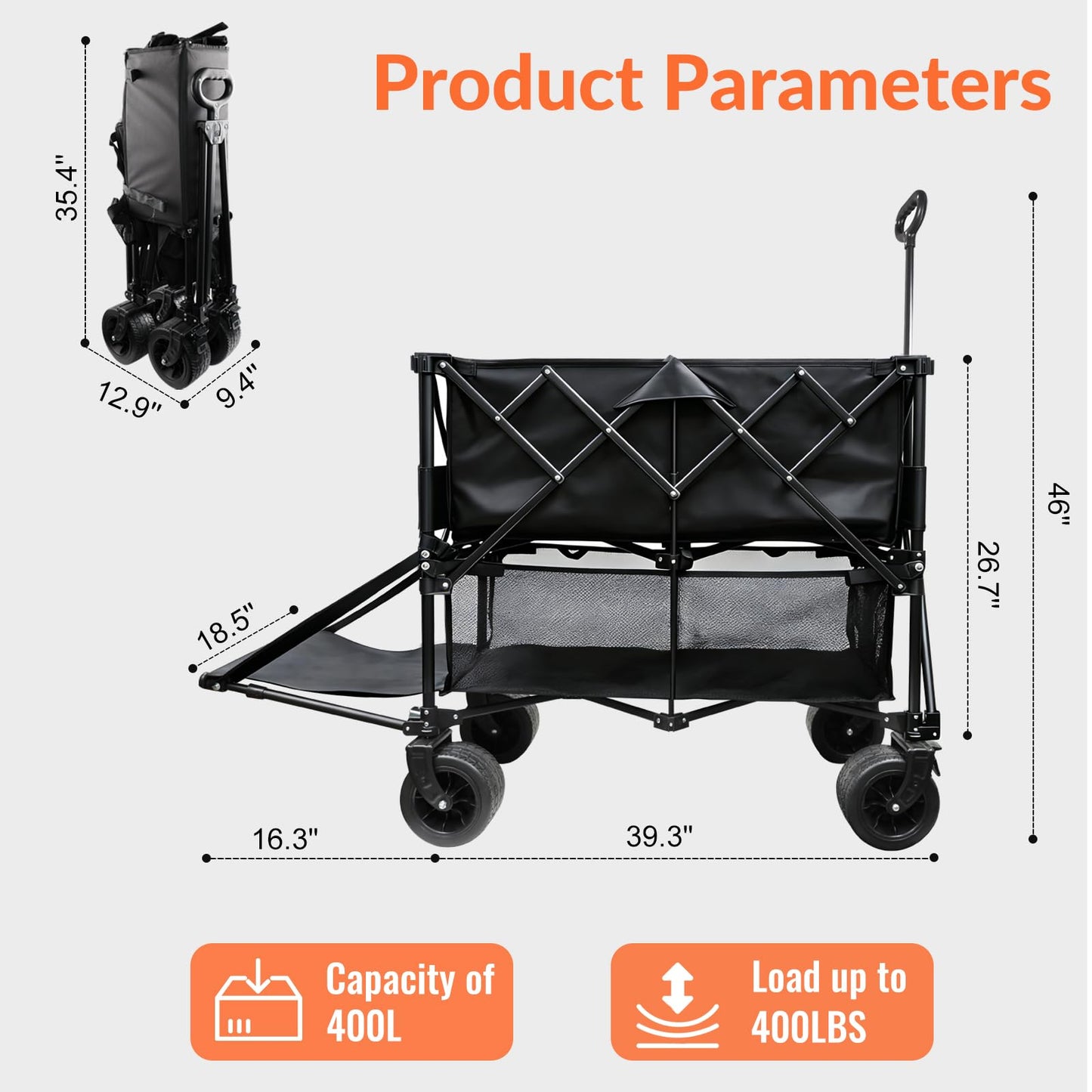 700L Large Capacity Double Decker Wagon Collapsible Wagon with Tailgate 55'' Extra Long, Foldable 600lbs Heavy Duty Beach Cart with All-Terrain Big Wheels,Utility Carts, Sports,Outdoor,Shoping Cart