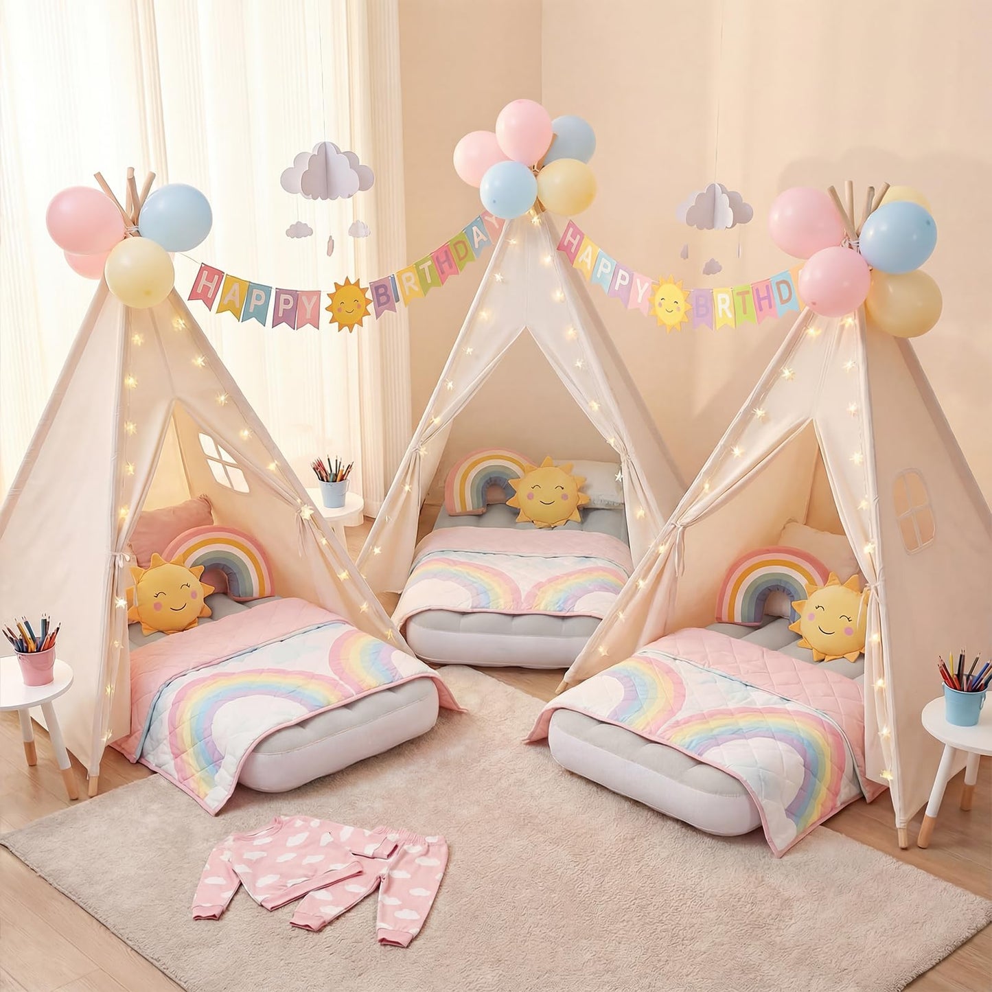 wilwolfer 6 Pack Kids Teepee Tent Bulk with Inflatable Airbed, Natural Toddler Play Tent for Girls Boys Indoor Sleepover Slumber Party Birthday Gifts