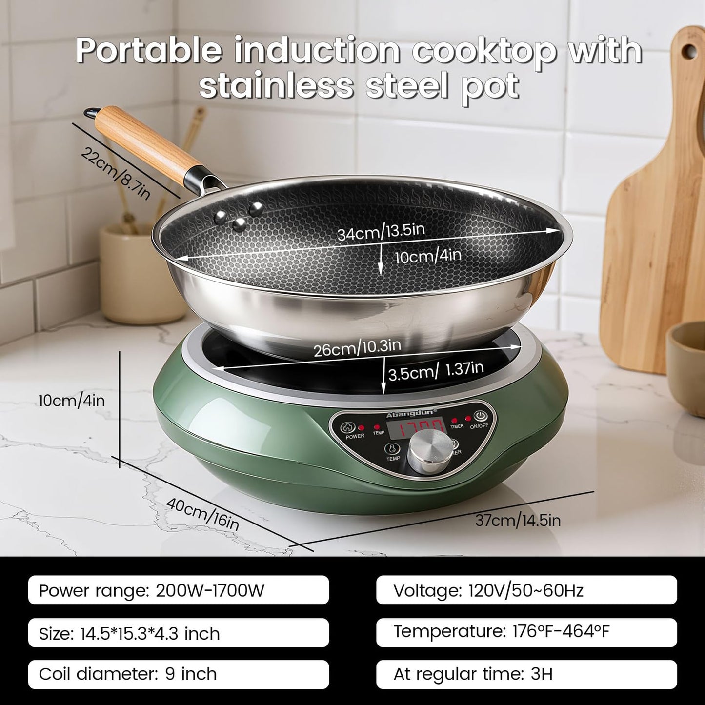 Abangdun 1700W 120V Concave Induction Wok Cooktop with Stainless Steel Wok, Non-Pulse Continuous Heating, 16 Power Levels, Portable Countertop Burner for Round-Bottom Woks & Stir-Fry Cooking