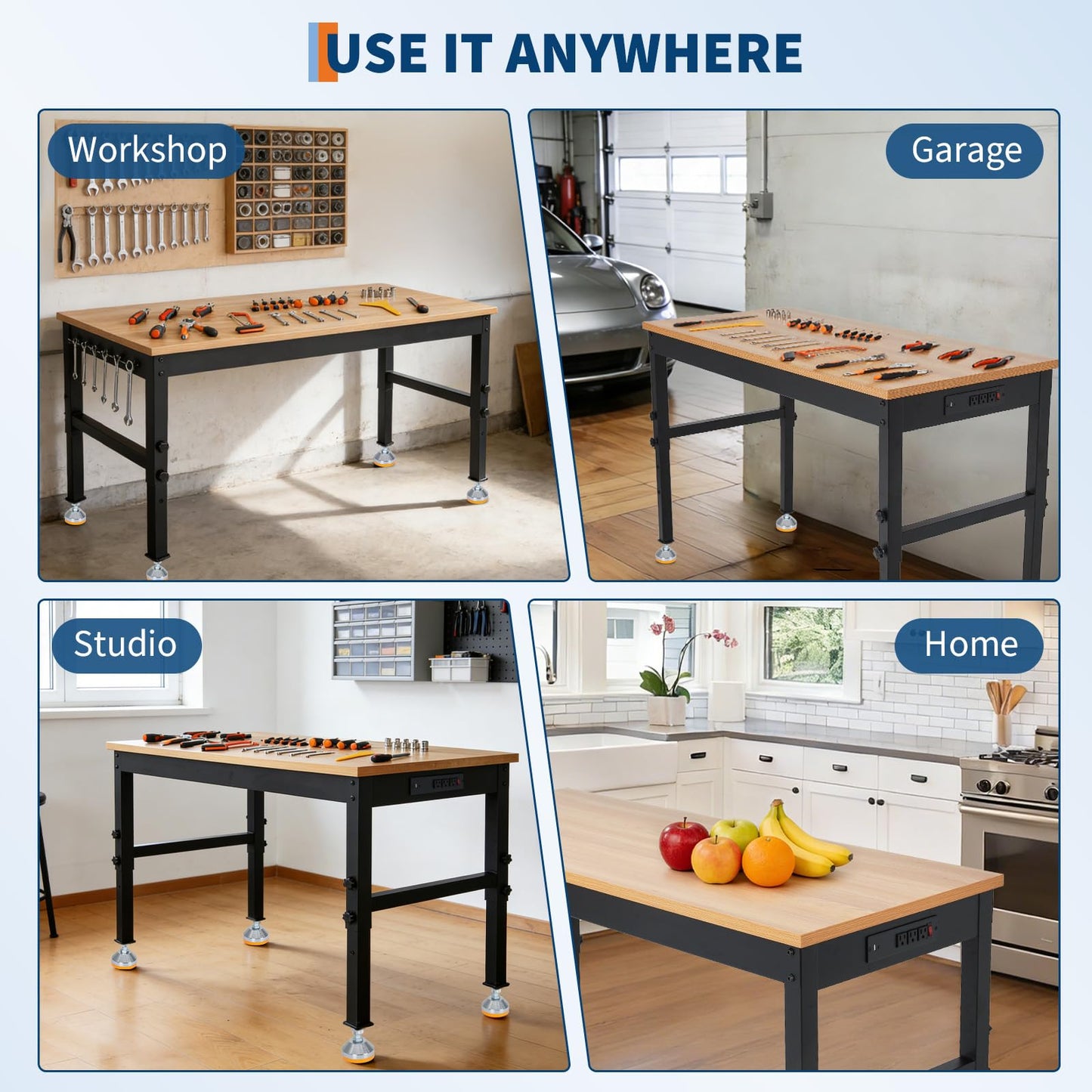 48" Work Bench with Power Outlet, 48" x 24" Work Benches for Garage, Adjustable Height Workbench, 2000 LBS Tool Bench for Workshop & Home