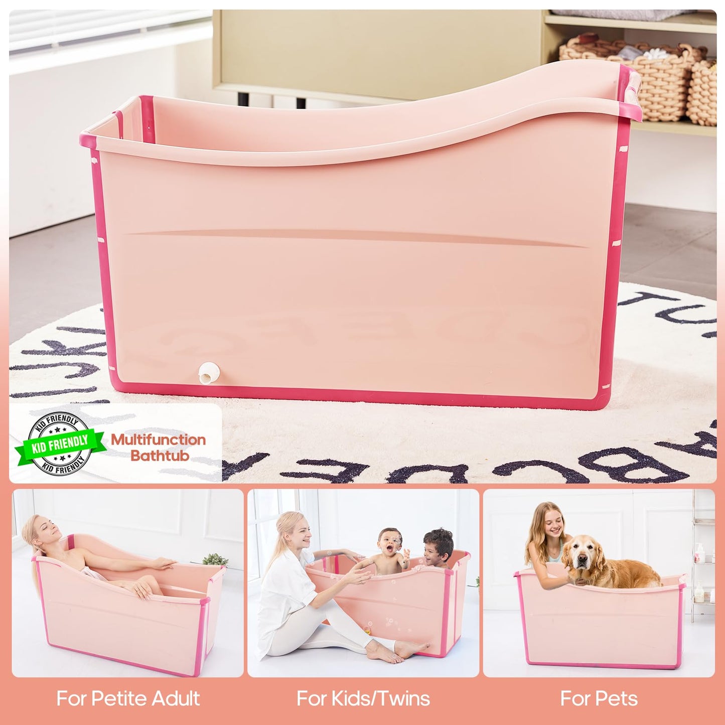 Collapsible Baby Bathtub Foldable Bathtub for Toddler Portable Large Foldable Bath Tub Bathtub for Kids Petite with Thermometer and Storage Basket (Pink)