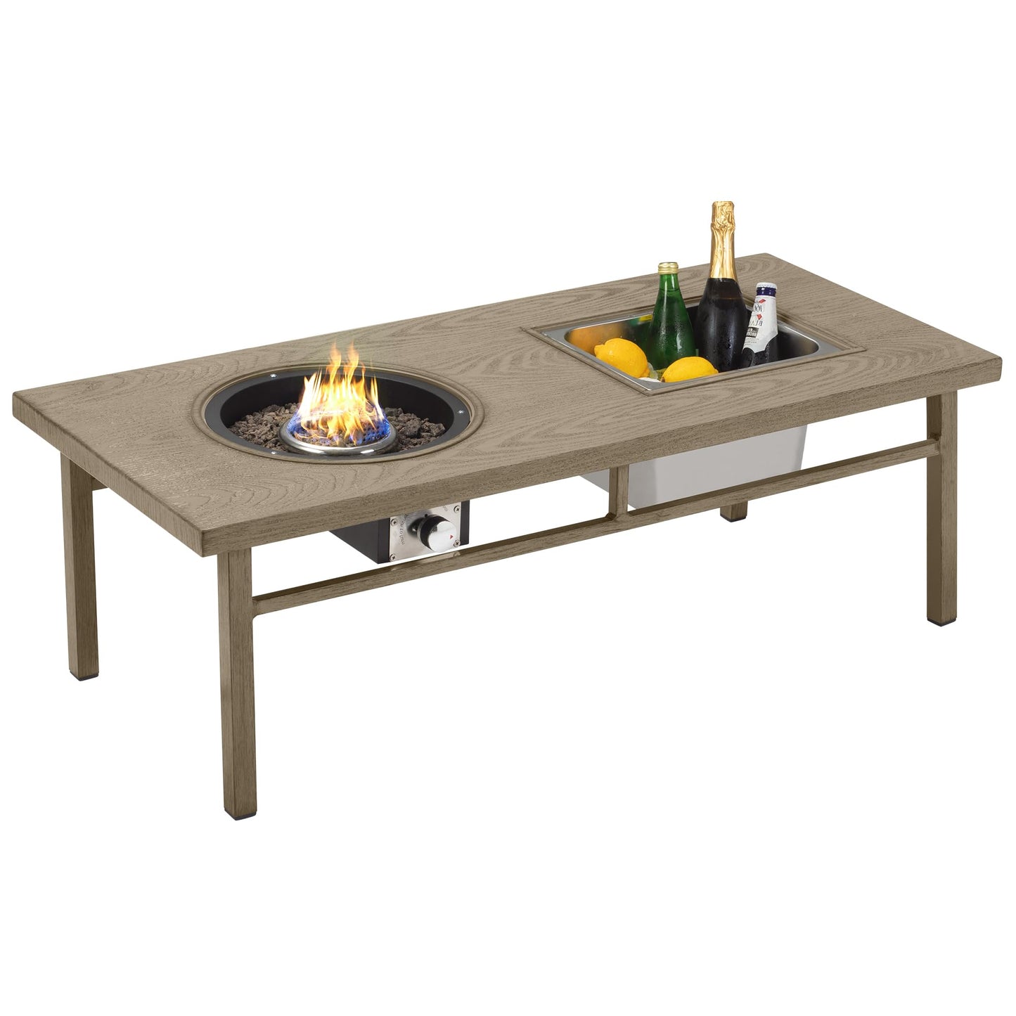 Green4ever Aluminum Propane Fire Pit Table, 47" 50,000 BTU Multifunctional Fire Table with CSA Certification, 4.5 Gallons Ice Bucket, and Lava Rocks, 3-in-1 Coffee Table for Outdoor Patio, Khaki