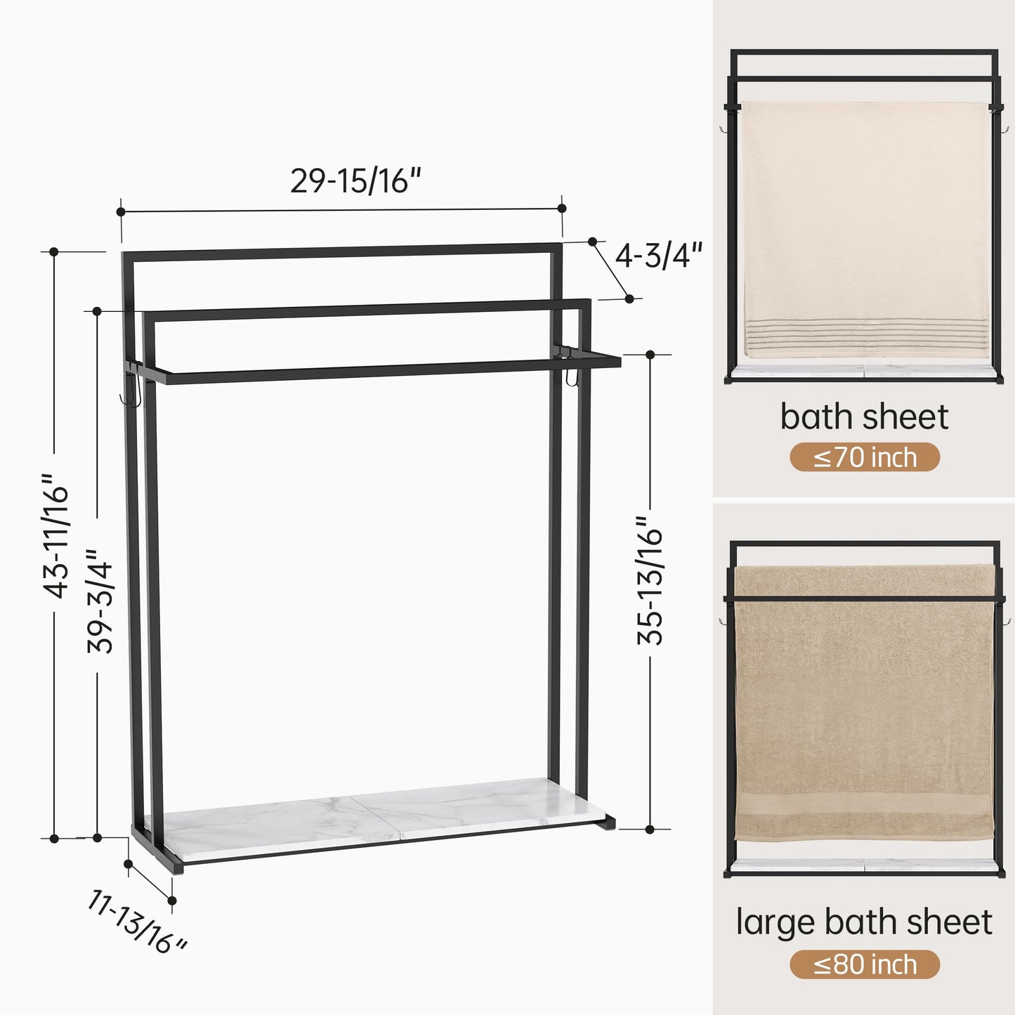 KES Extra Large Free Standing Towel Racks for Bathroom with Anti Wobble Base, 44 Inch Blanket Rack, 3-Tier Blanket Holder for Living Room with Weighted Marble Shelf & 4 Hooks, Matte Black, BTH504-BK