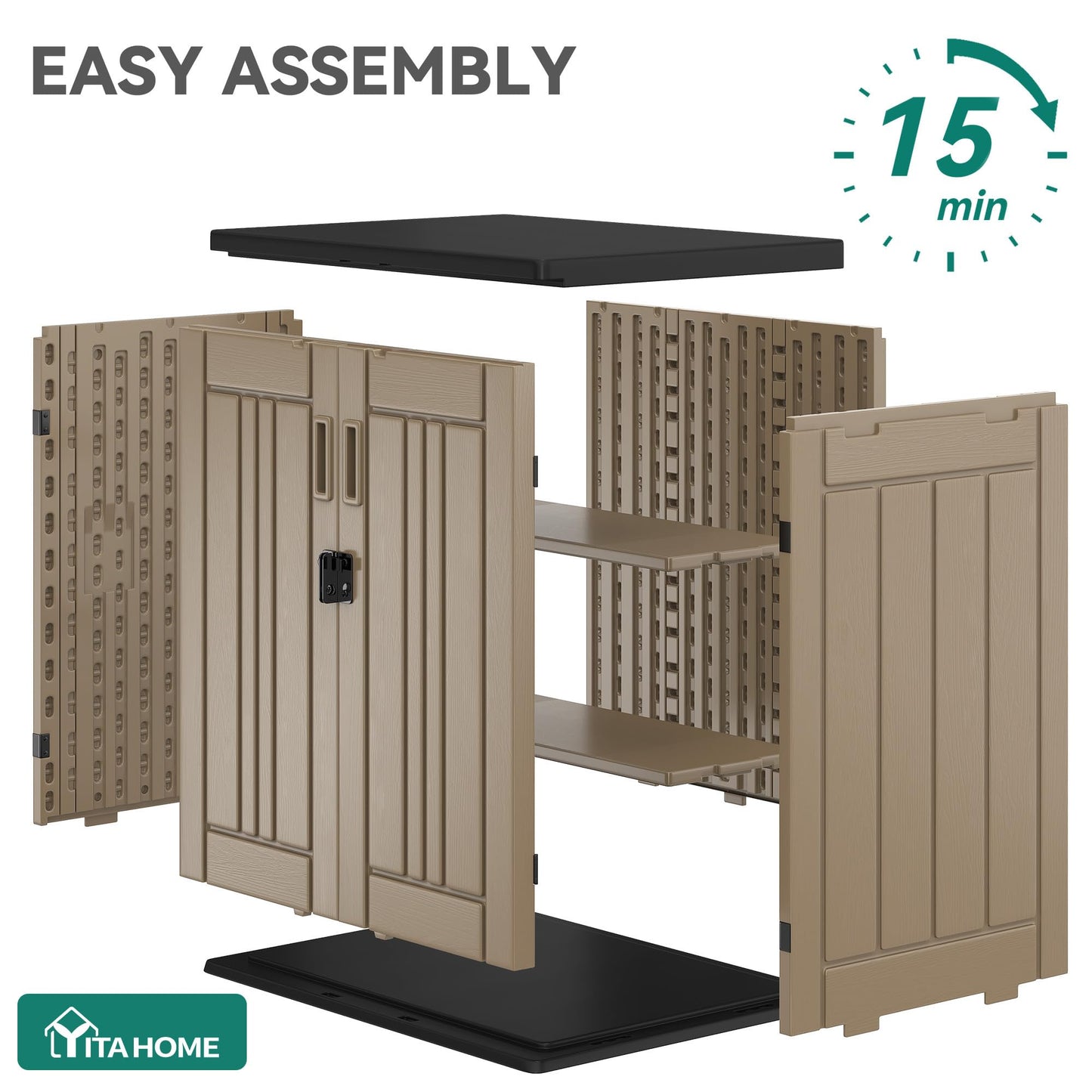 YITAHOME Outdoor Storage Cabinet with 2 Shelves, Waterproof Resin Horizontal Tool Shed, Lockable 15 cu. ft. Storage Shed for Patio, Garden, Yard, Brown