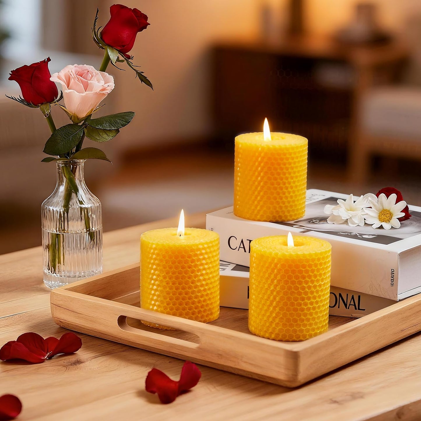 Ashlux Beeswax Pillar Candles 3 Pack, 3x3 Inch Unscented Dripless Pure Natural Bees Wax, Hand-Rolled Honeycomb Decorative Candle for Home Decor, Prayer, Wedding, Meditation, Gifts Set
