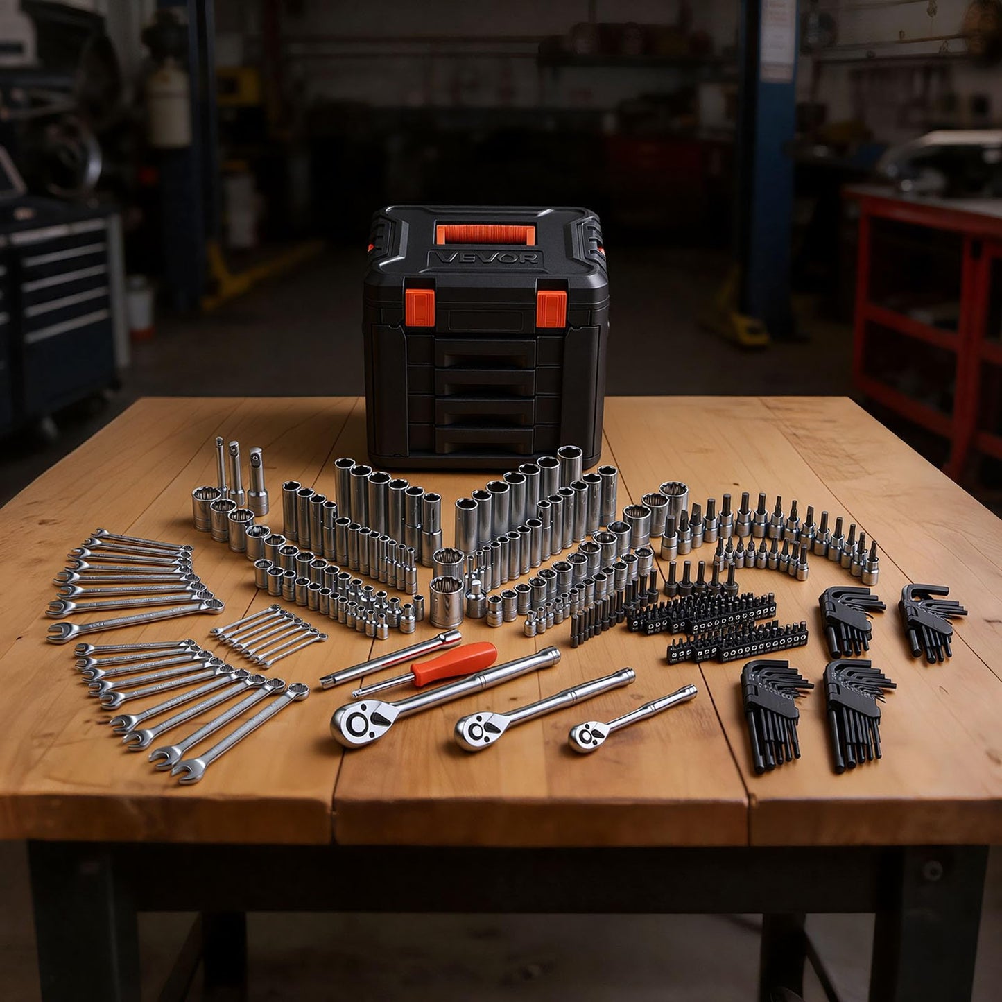 VEVOR Mechanics Tool Set, 297-Piece Mechanic Tool Kit, 1/4 in, 3/8 in, and 1/2 in Drive, SAE and Metric Socket Set, Wrenches, Screwdriver Bits, Accessories, and Storage Case, for Automotive Repair