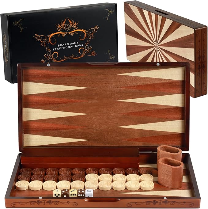 Handcrafted Wooden Backgammon Set - 16 Large Board Game with Oversized Pieces - Classic 2-Player Strategy Game Perfect for Adults & Kids