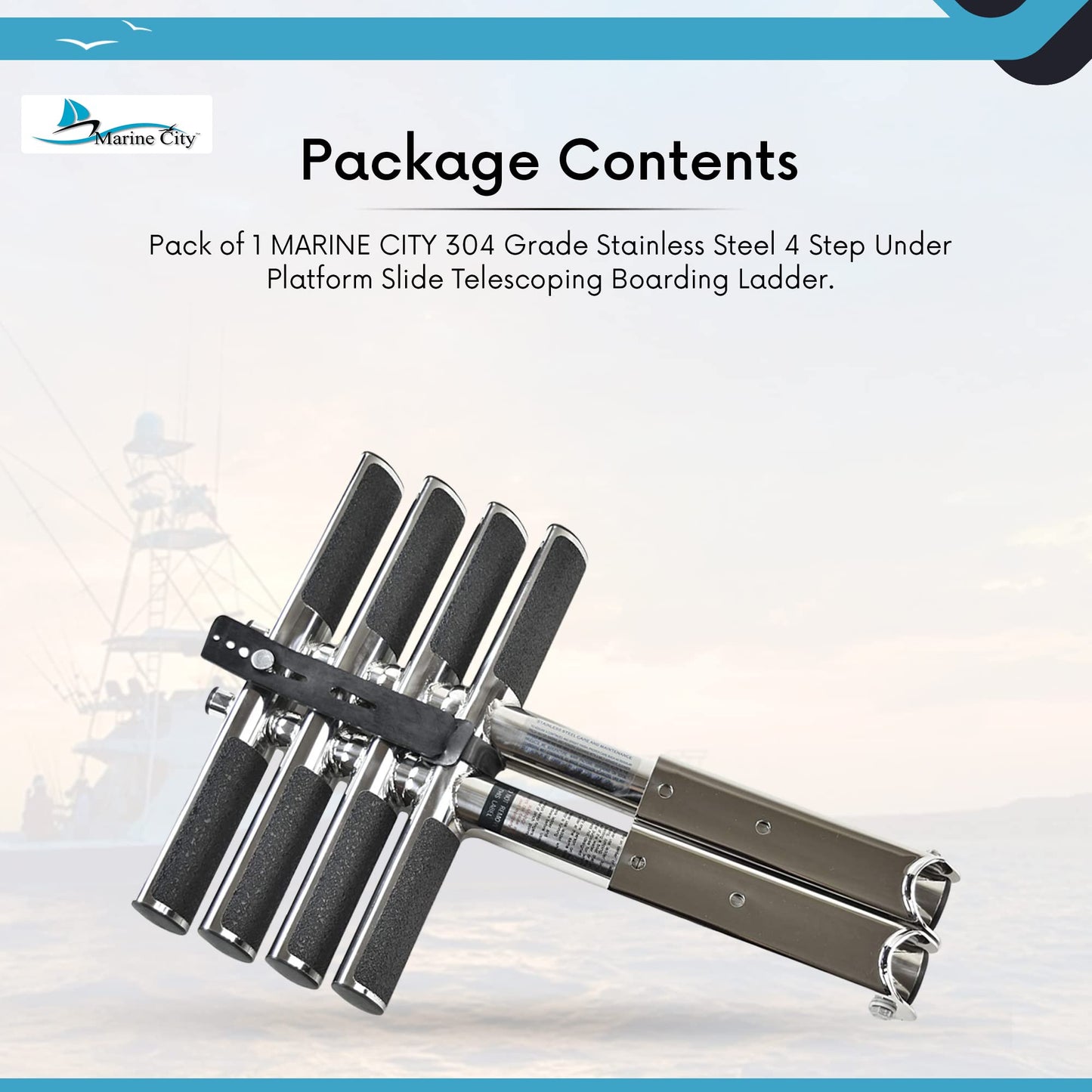 MARINE CITY 4-Step Telescoping Swim Platform Ladder – 304 Stainless Steel, Flip-Up Design, Anti-Slip Steps, 42" Pull-Out Length for Boats & Marine Use (Pack of 1)