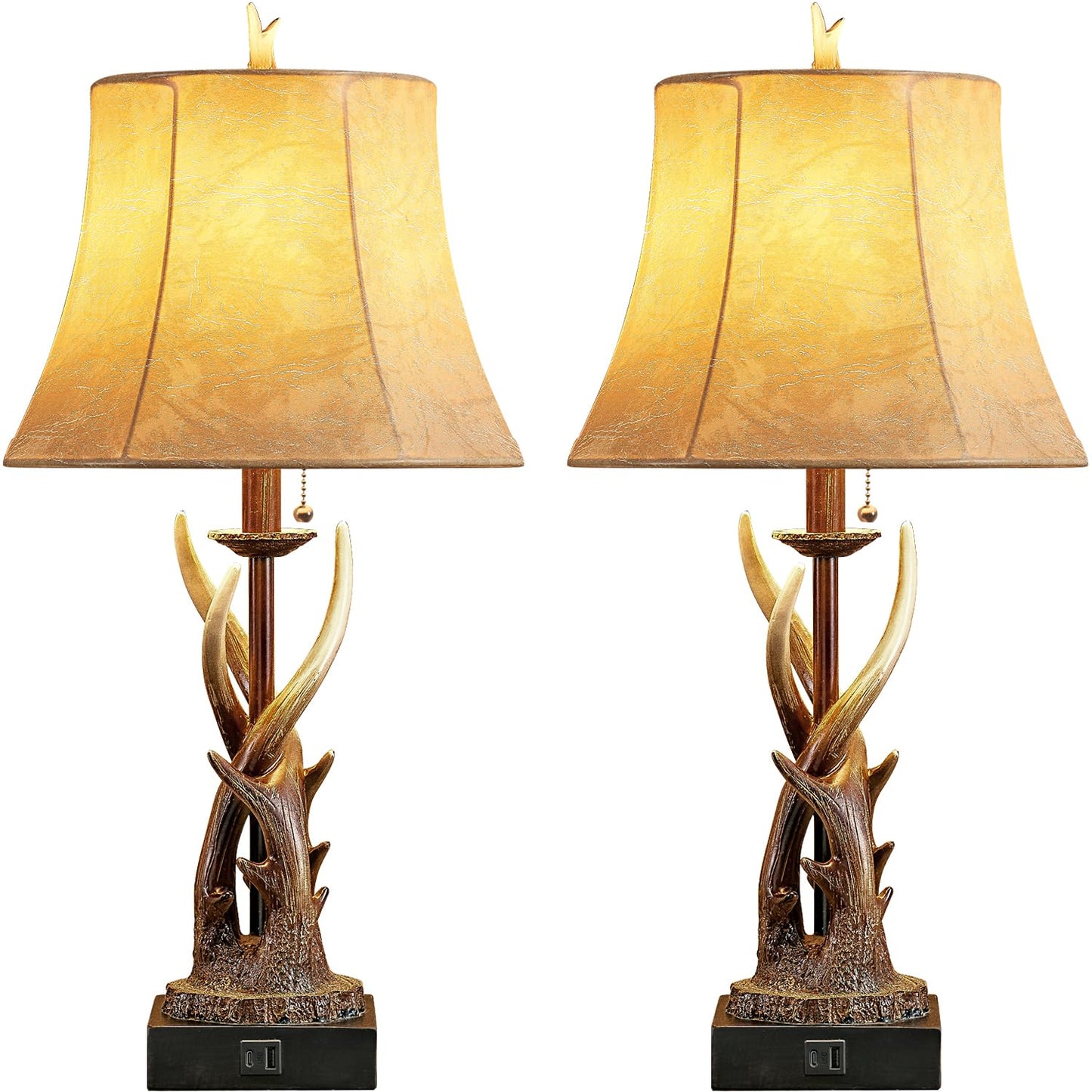 BOWOBO Antler Table Lamps Set of 2 with USB A+C Ports for Bedroom Farmhouse Deer Rustic Bedside Lamps with Faux Leather Bell Shade for Living Room End Table Hunting Themed Cabin Lamp Pull Chain