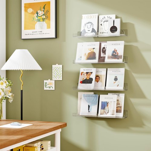 Dooiclear 4 Pack Acrylic Floating Wall Shelves - 15" Clear Book Display Organizers for Home & Office Decor