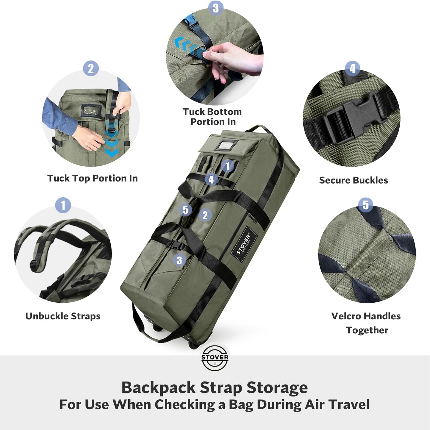 STOVER 45/80/100L Rolling Duffel Bag with Wheels, X-Large Durable Travel Duffle + Toiletry Bag, Heavy Duty, Packable with Shoulder Straps- Use as Luggage or Backpack, Men/Women (Green)
