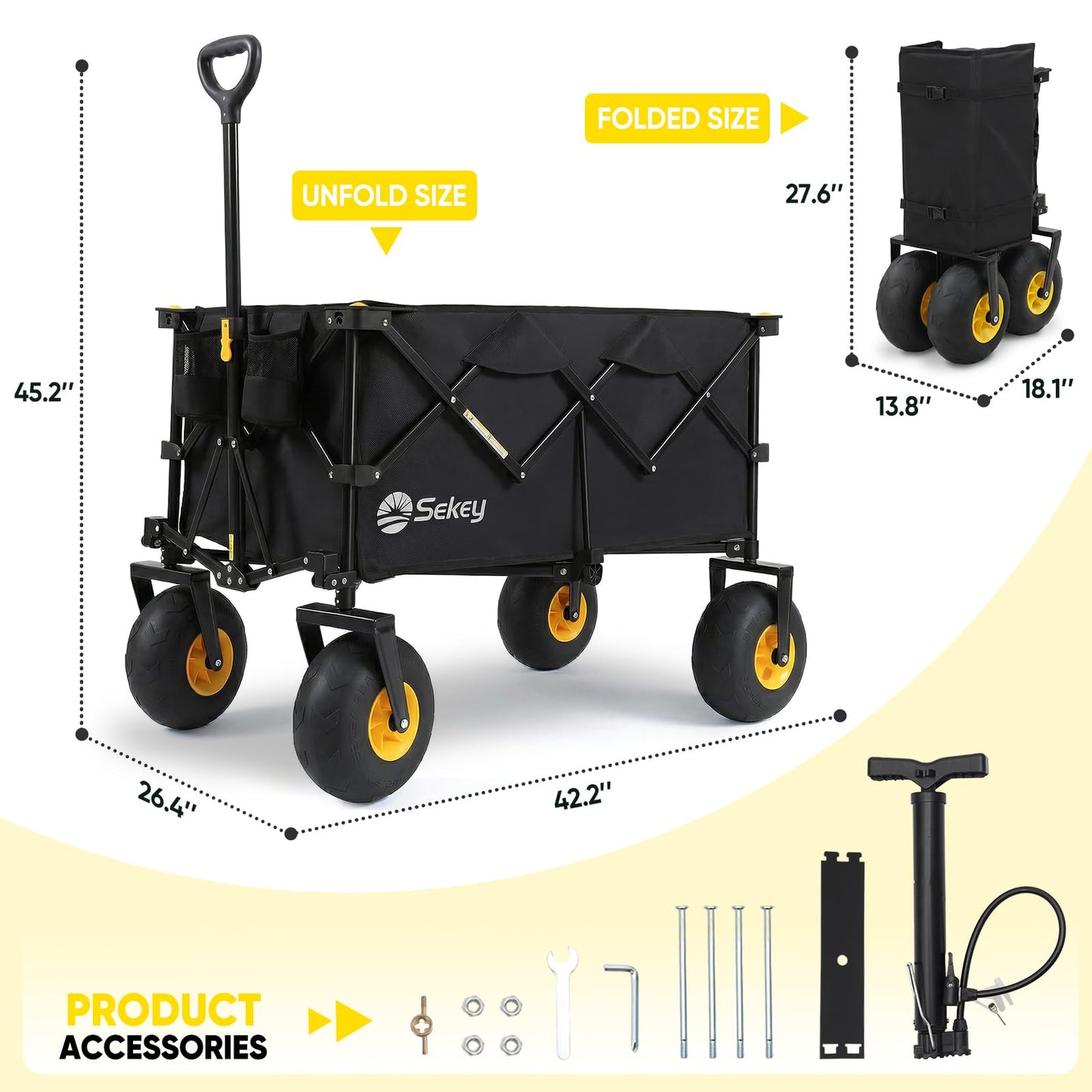 Sekey Heavy Duty Beach Wagon with 9" Big Sand-Proof Wheels โ 600lb Capacity, 200L Oversized Foldable Cart | Adjustable Handle & All-Terrain Tires for Sand, Camping, Groceries