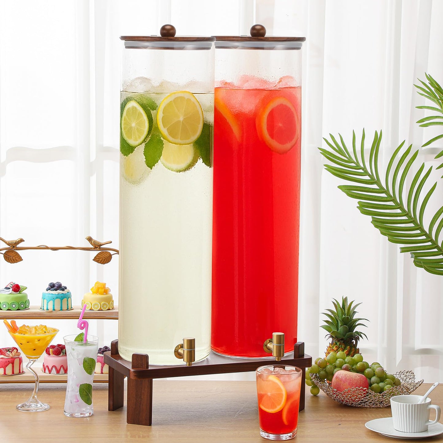 FillTouch 2 Pack 5 Gallon Glass Drink Dispenser with Acacia Wood Stand and Lid, Large Glass Beverage Dispenser with Spigot Perfect for Juice, Tea, Sangria, Lemonade, Weddings, Party, Outdoor Events
