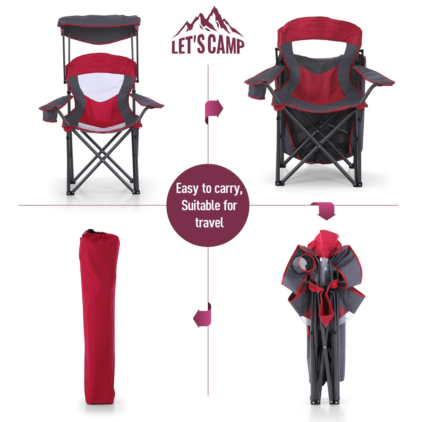 LET'S CAMP Camp Chair with Shade Canopy Folding Camping Chair with Cup Holder and Carry Bag for Outdoor Camping Hiking Beach, Heavy Duty 350 LBS,2 Pack