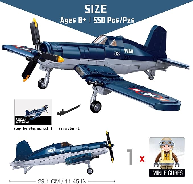 WW2 F4U Fighter Bomber Building Bricks - 550 Pcs Army Set with 1 Soldier - Engaging WWII Toys for Kids & Adults