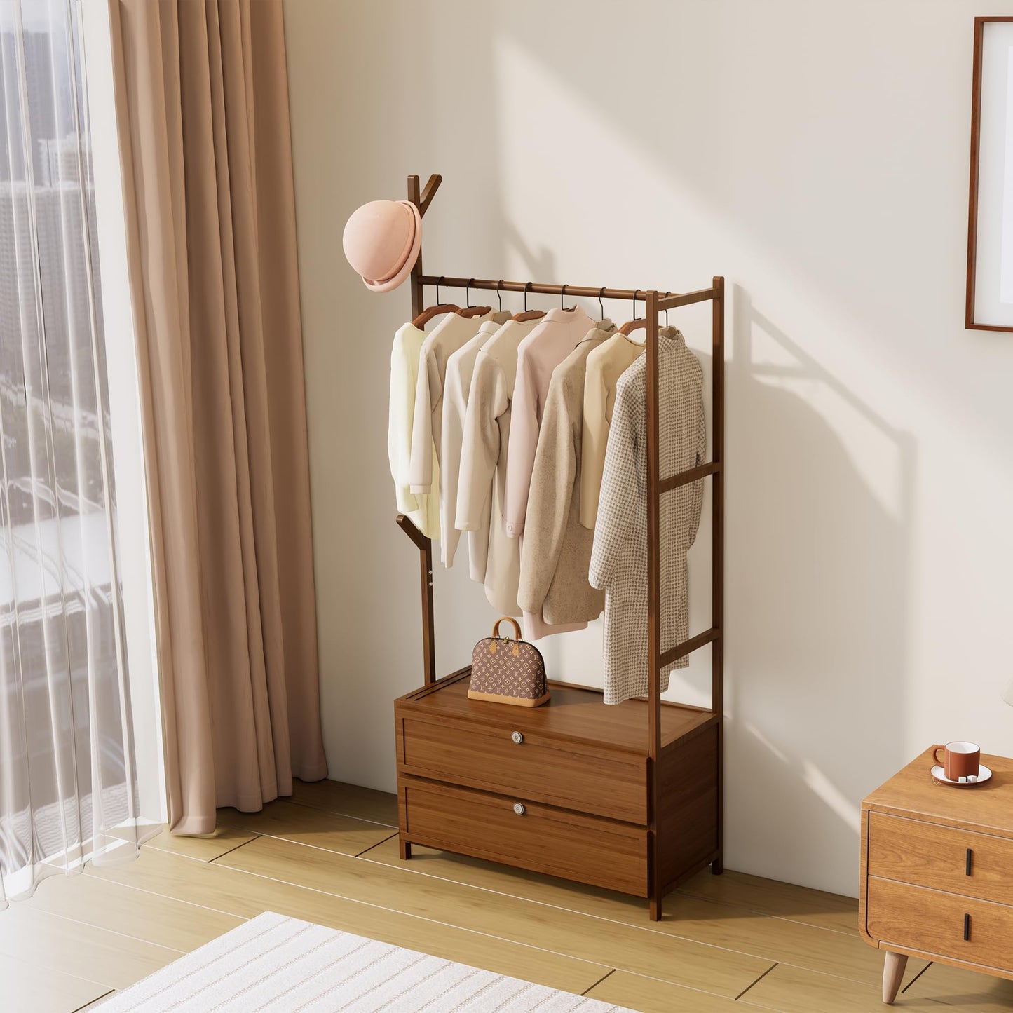 BambooCrafts Upgraded Hanging Rack Clothing Rack with Drawers,Solid Thickened Clothes Racks with Shelves,27.6inch Width Closet with Drawers,Clothes Racks for Hanging Clothes,Short Closet Dresser