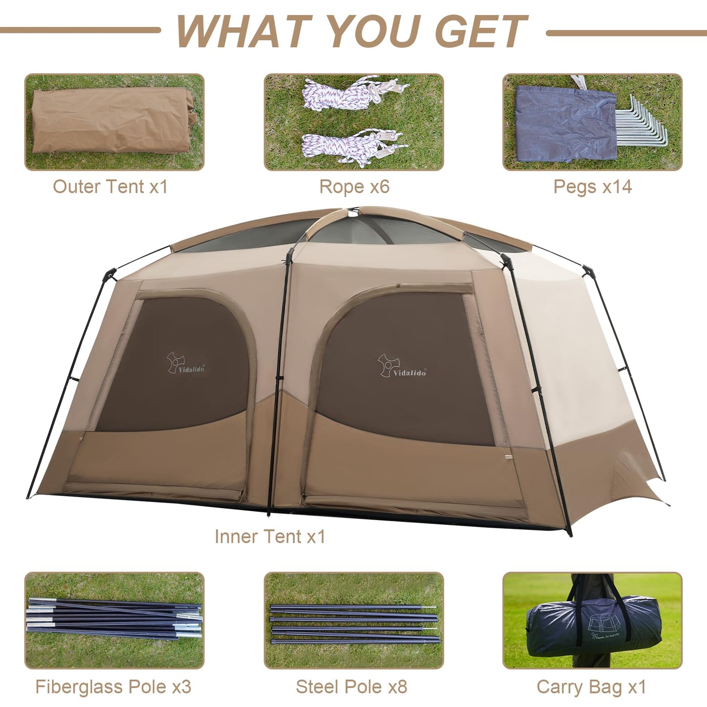 Vidalido Tents,6-8 Person Camping Tent with Extended Vestibule,2 Room Weather Resistant Family Tents,Easy Install Waterproof Outdoor Tent for Backpacking and Camping Hiking