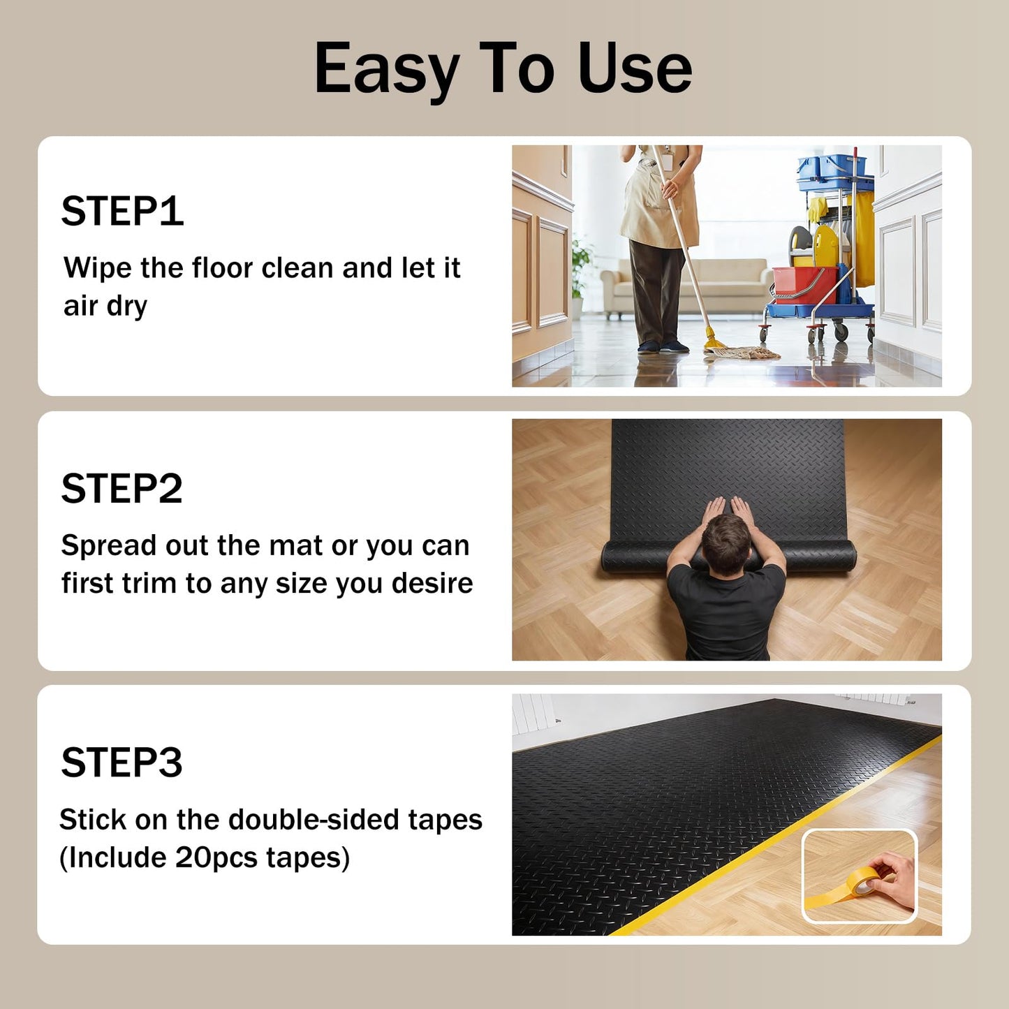 StellarStar 4x25 FT Garage Floor Mat, 2.8mm Thickened PVC Diamond Plate Garage Mat with 20PCS Tapes, Rubber Flooring Rolls for Under Car, Non-Slip Rubber Motorcycle Mat for Golf Cart, Trailer, Black