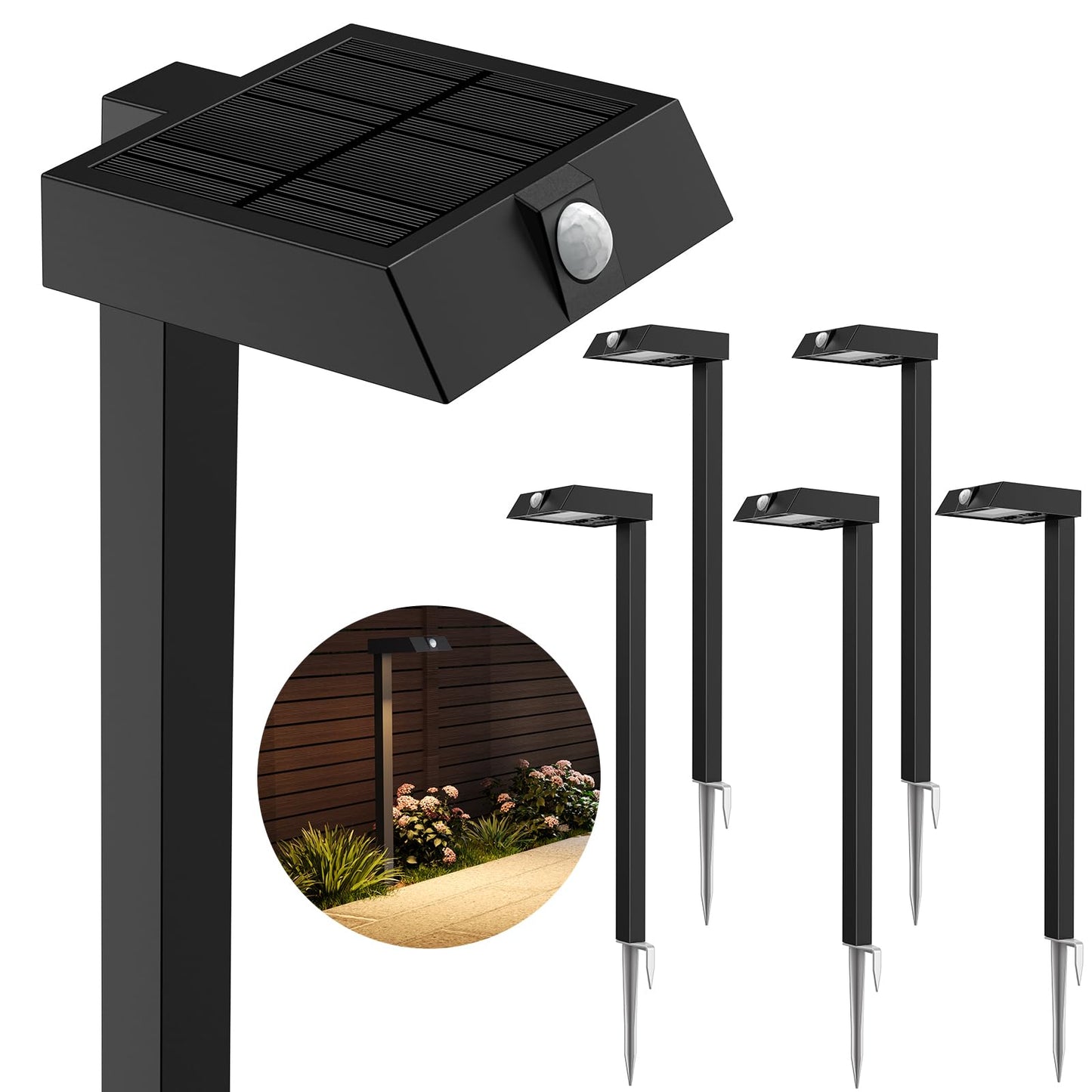 XMCOSY+ Solar Pathway Lights with Motion Sensor 6 Pack, 300LM Metal Solar Lights Outdoor Waterproof, 3 Modes Landscape Lighting for Garden, Backyard, Outside, Path (Warm/Cool White)