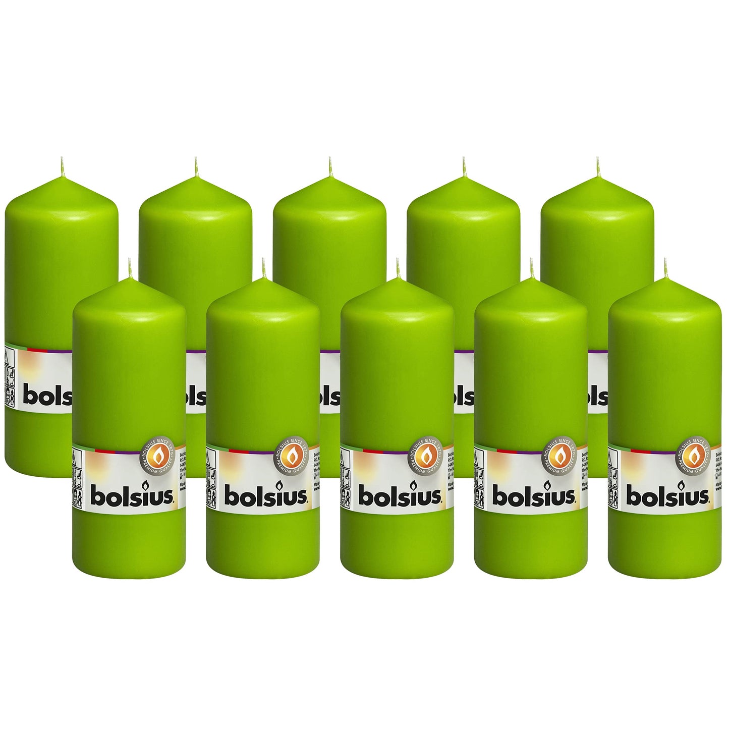 BOLSIUS 10 Lime Green Pillar Candles - 2.25 x 6 Inches - Premium European Quality - Individually Wrapped - 42 Burn Hours - Dripless Smokeless Unscented Dinner, Wedding, Party, & Home Decor Candles