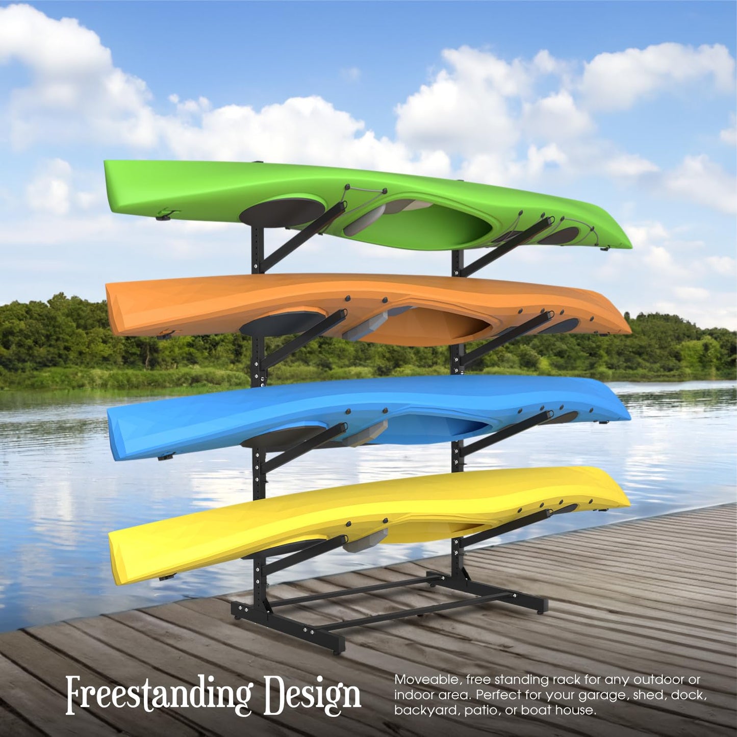 TPHUC Adjustable Kayak Storage Rack, Freestanding Sup Storage Stand, Weatherproof Canoe Holder, Heavy Duty Paddleboard Bracket, Surfboard Bracket for Indoor, Outdoor, Garage, Shed, Dock (4 Levels)