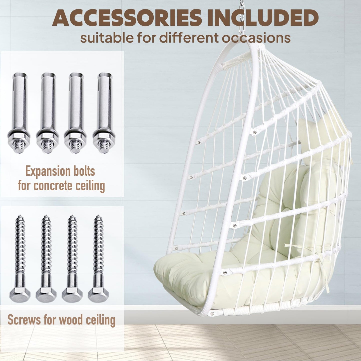 Chihee Egg Chair Foldable Wicker Rattan Hanging Swing Chairs Indoor Outdoor Patio Wicker Chair Hammock Chair with Stainless Steel Hanging Kit Chain Link UV Resistant Cushion Bedroom Balcony