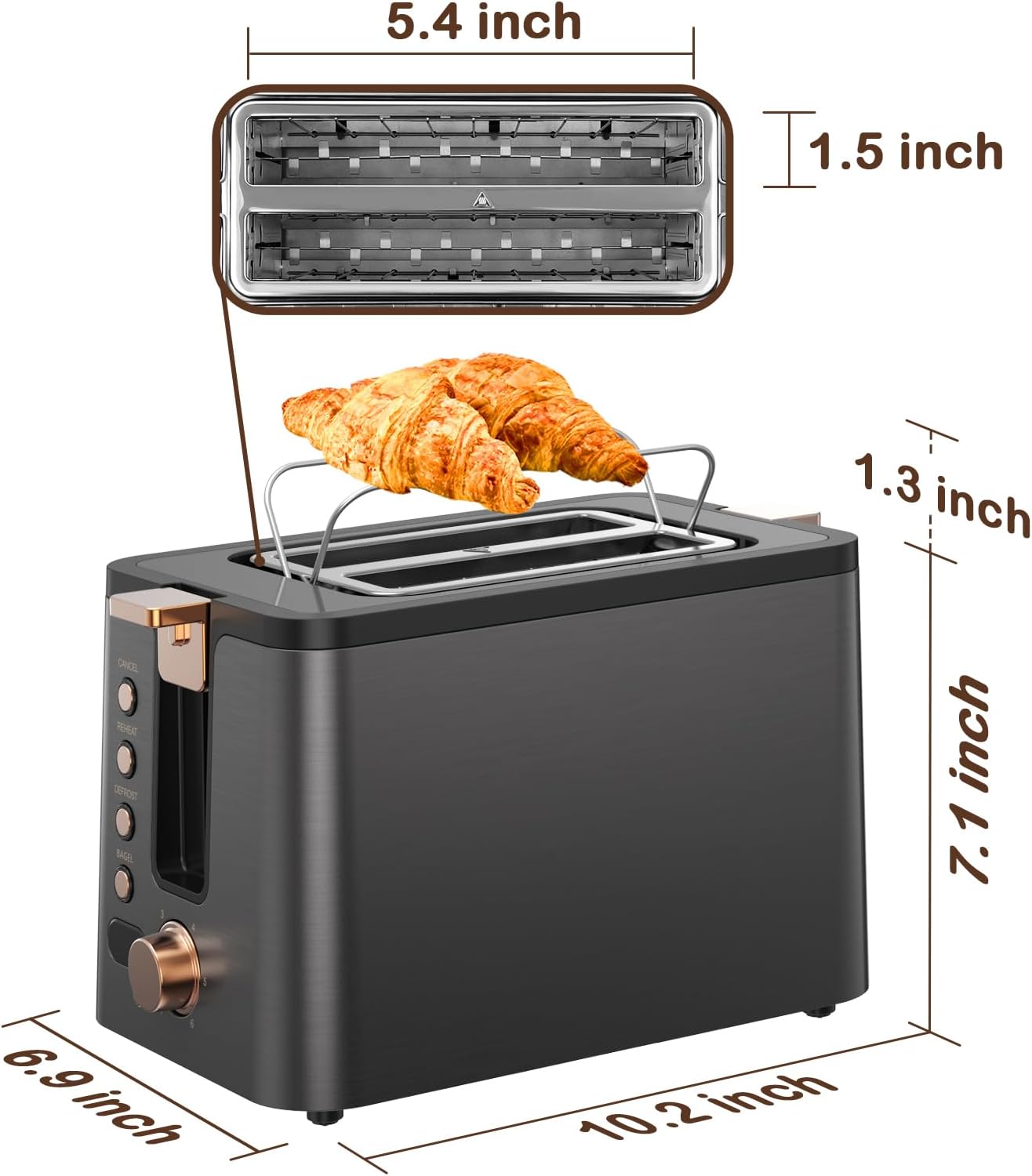 Mecity 2-Slice Toaster - Stainless Steel Body with 6 Browning Settings & Extra Wide Slots | Grey