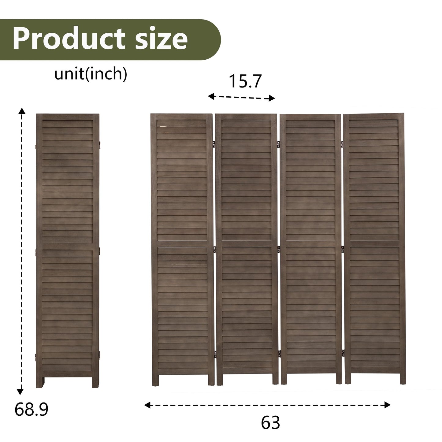 FDW 4 Panel Wood Room Divider 5.75 FT Tall Privacy Screen Folding Partition Divider for Dorm Bedroom Office, Dark Brown