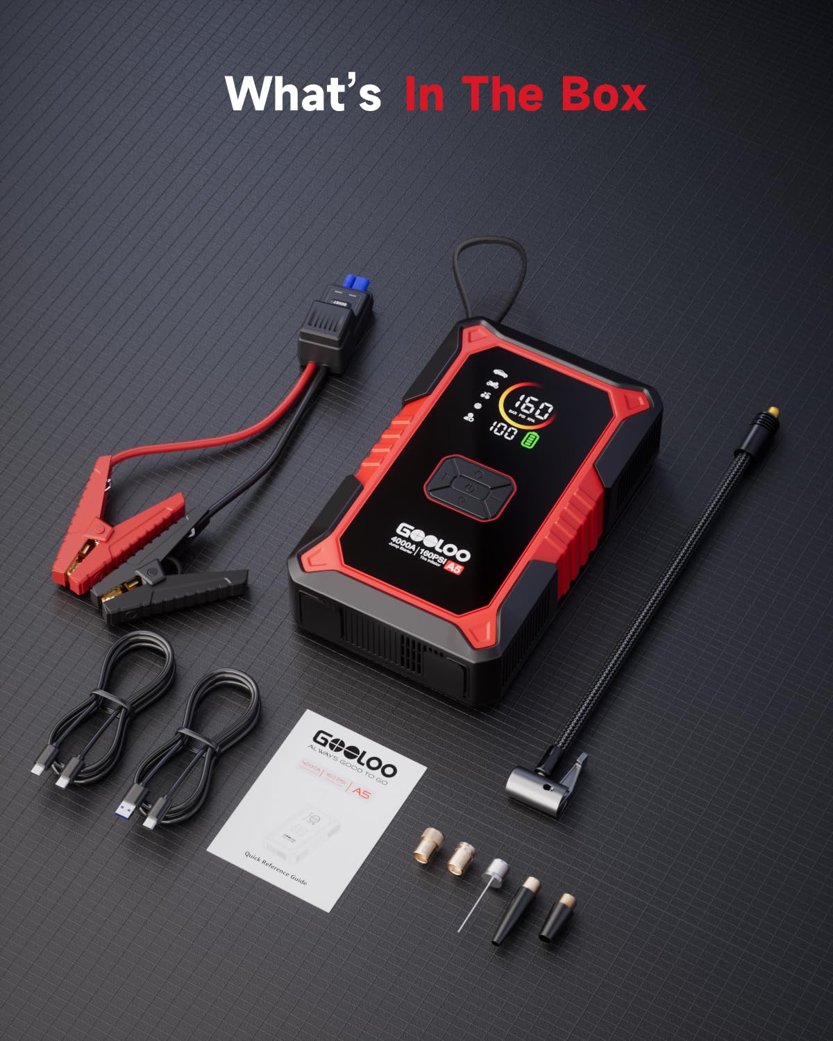 GOOLOO A5 Jump Starter with Air Compressor, 4000A Car Battery Jump Starter (All Gas/10.0L Diesel) with 160PSI Tire Inflator Auto-Off, 45W PD Fast Charging, 12V Jump Box Car Jumper Starter Portable