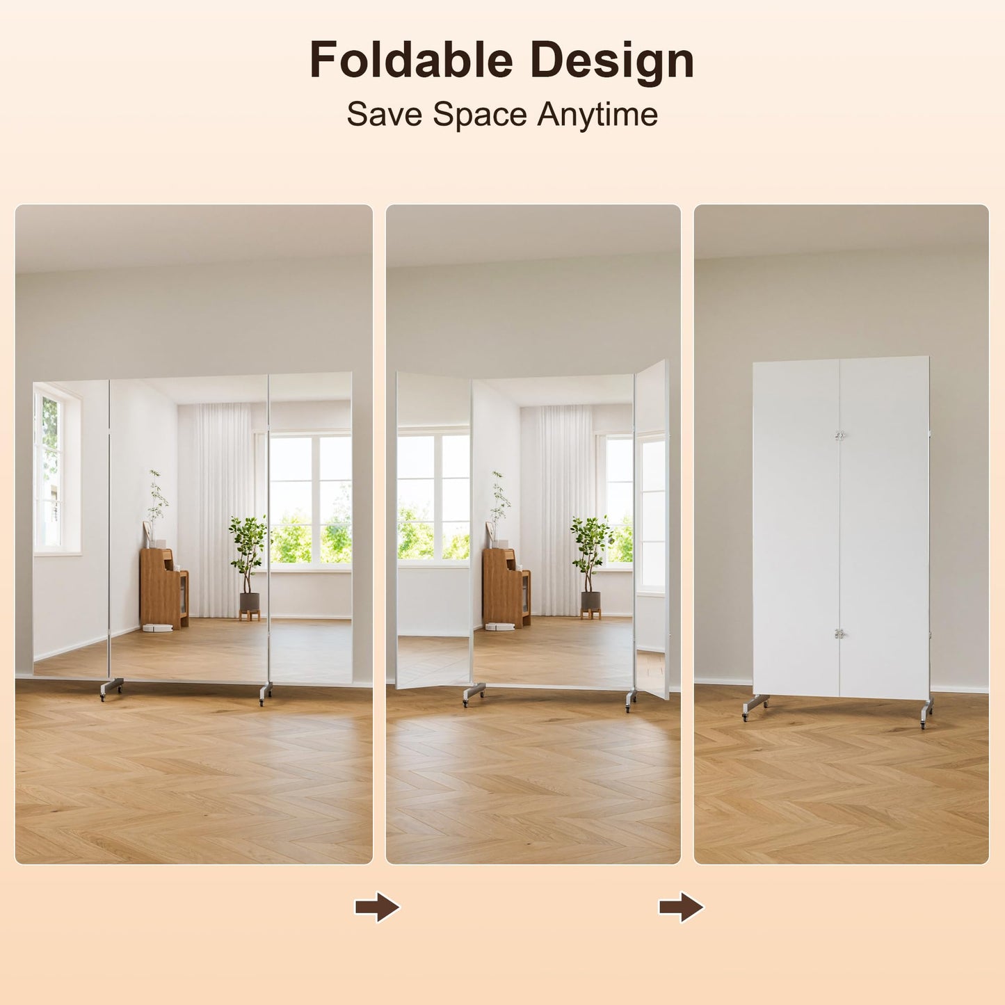 brisafe 71"x67" Folding Mirror with Wheels, 3-Panel Full Length Wall Mirror, Space-Saving Design, Shatterproof Nano Material, Portable Floor Mirror for Gym, Dance Studio, Home, Commercial Use, White