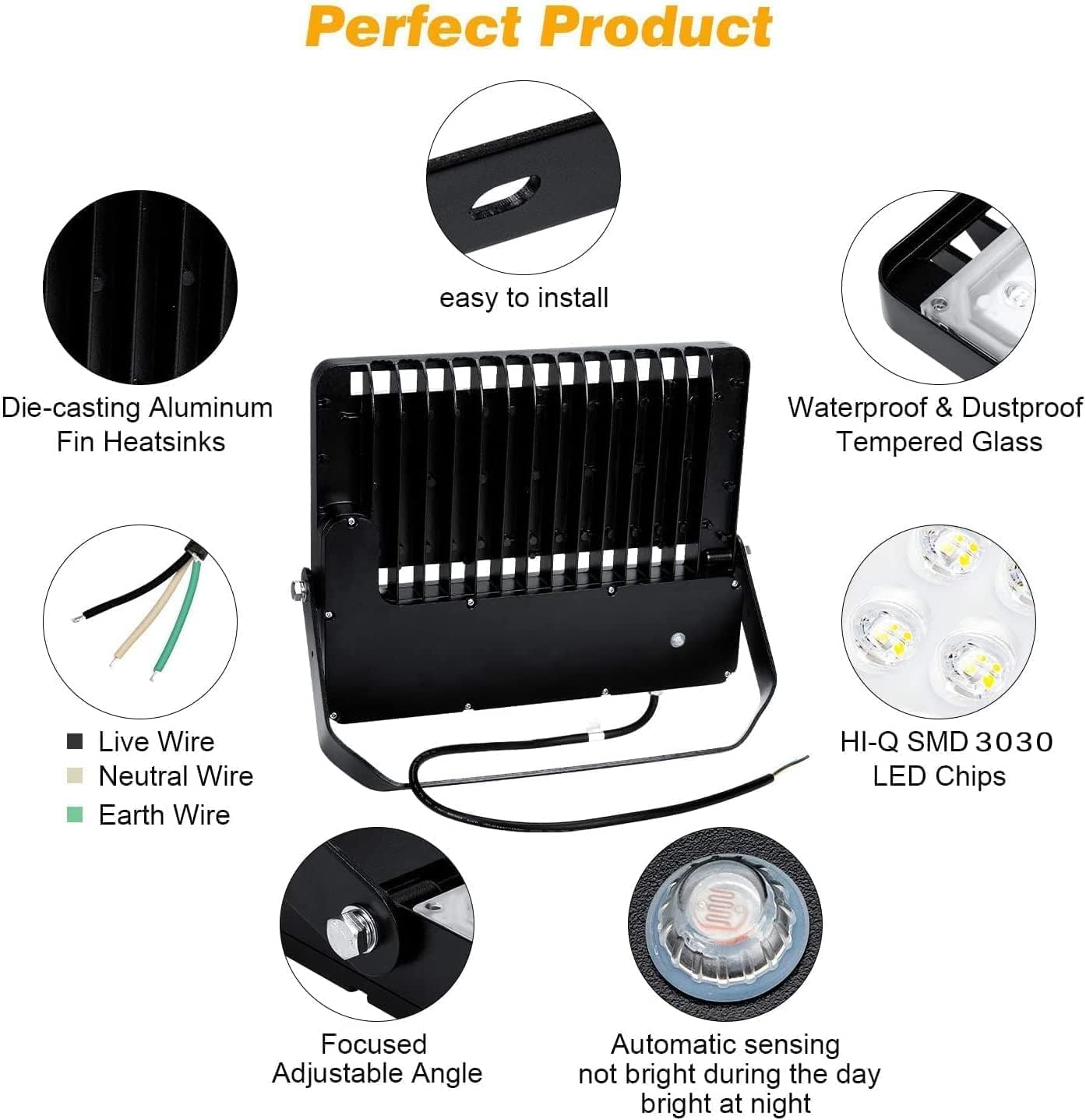 Juyace 240W LED Flood Light with Photocell, 36000LM Super Bright Dusk to Dawn Security Light, IP65 Waterproof Commercial Fixture for Stadium, Parking Lot, Building, Farm, Yard (5000K Daylight)