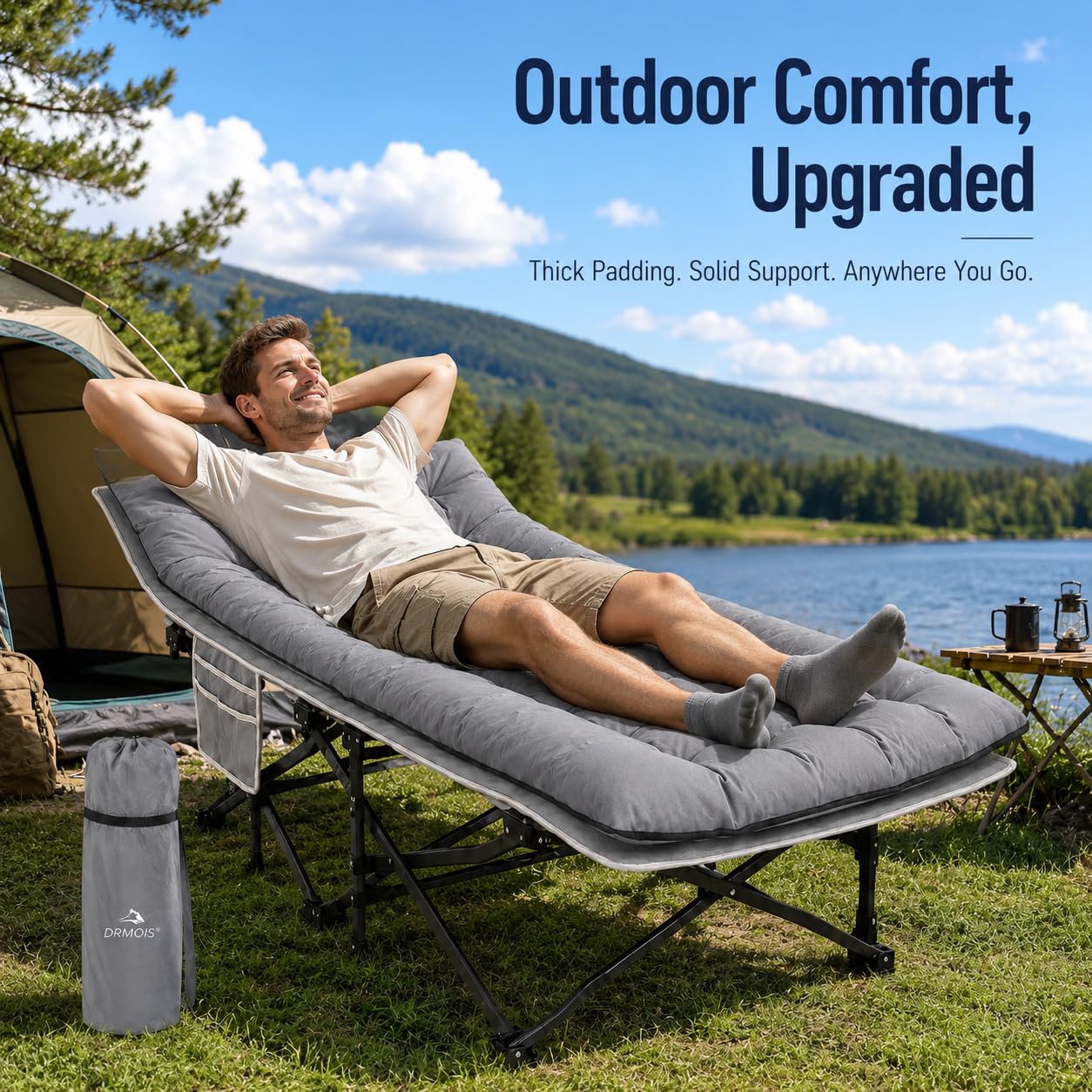DRMOIS Camping cots, Oversized 32inch Width Portable Foldable Outdoor Bed for Adults Kids, Cot for Traveling Gear Supplier, Office Nap,Support 900 lbs-with Sleeping Pad Mattress-Grey, XXL Size