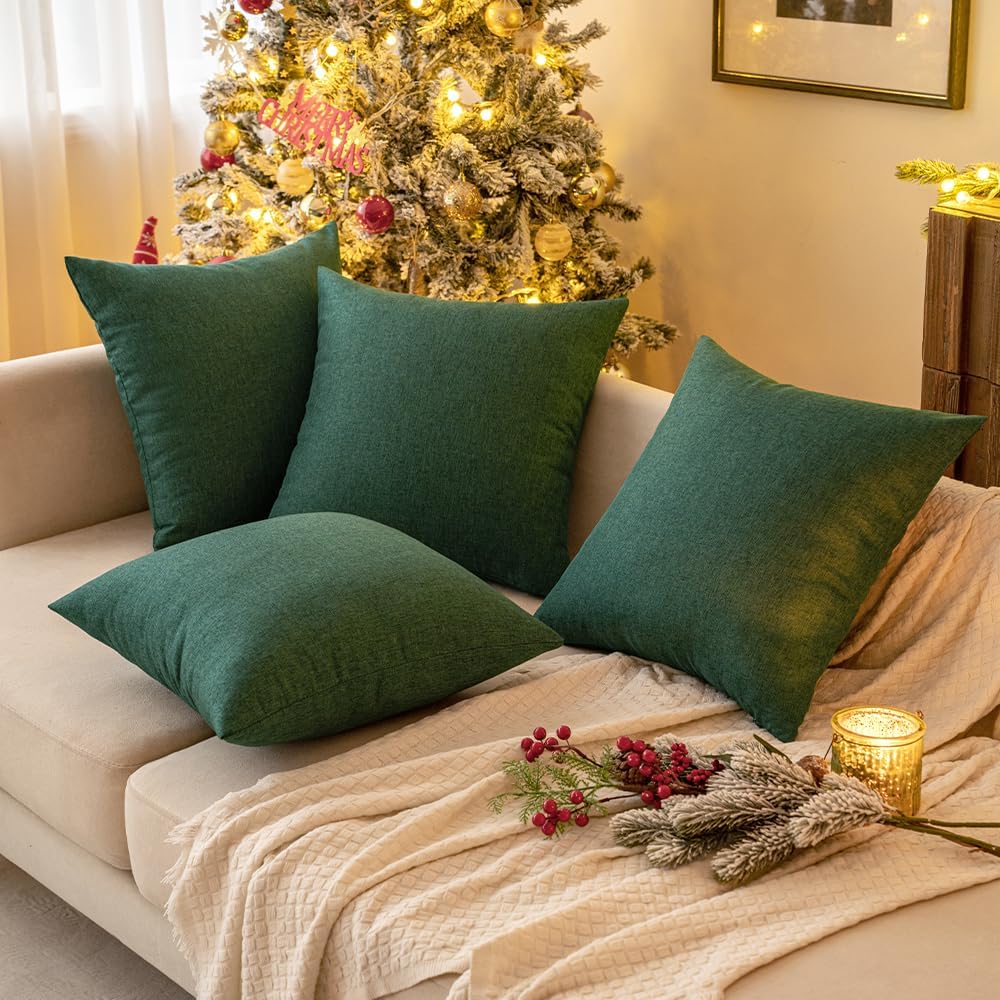 MIULEE Decorative Outdoor Throw Pillow Covers - Waterproof Faux Linen Cushion Cases | 18x18 Inch Emerald Green (Pack of 2)