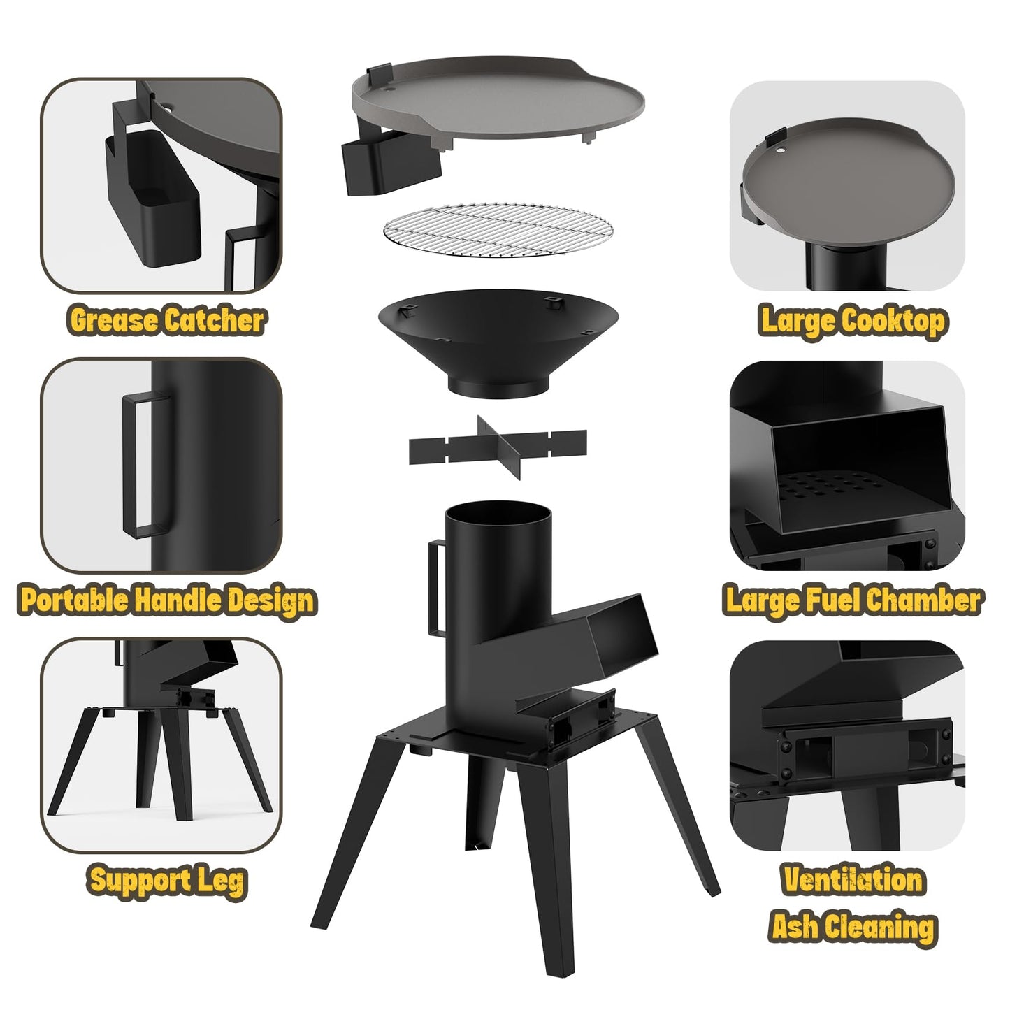 ONLYFIRE GRILLS 3-in-1 Camp Rocket Stove Kit with BBQ Grate, Griddle, Pot Rack, Portable Wood Burning Stove with Detachable Stand, Camping Gear for Outdoor Cooking Patio Barbecue RV Tailgating, GS345
