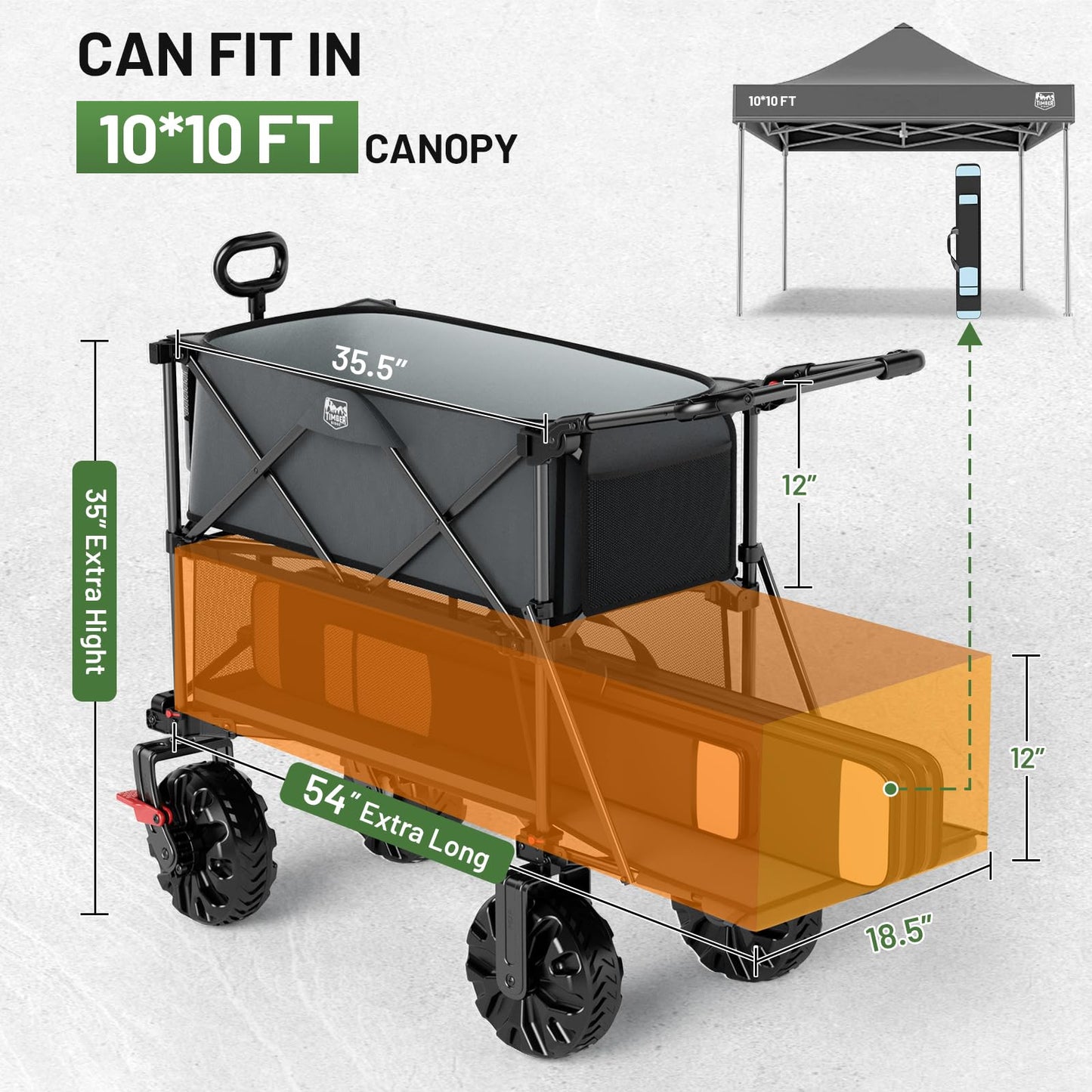 TIMBER RIDGE Push & Pull Double Decker Wagon, 400L Large Capacity Heavy Duty & 450lb Load, Collapsible Cart with All-Terrain Wheels & Brakes, 54” Extended Foldable for Sports, Beach, Camping, Grey