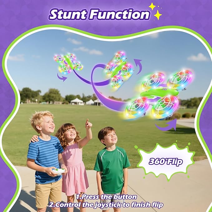 LED RC Drone for Kids 6+ Christmas Birthday Gift for Boys & Girls with Remote Batteries 360° Flip High Speed Mode 45 Min Flight Indoor and Outdoor Flying Toy - Green Purple