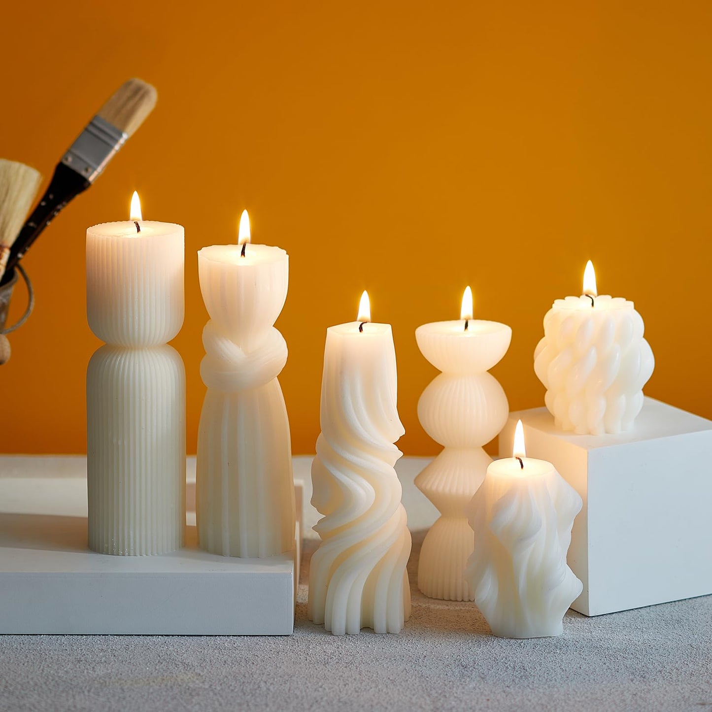 6 Pcs Small Handmade Ribbed Pillar Candle Set, Soy Wax Modern Home Decor for Living Room Bedroom, Aesthetic Table & Shelf Decor, Perfect Housewarming Gift (White, Small)