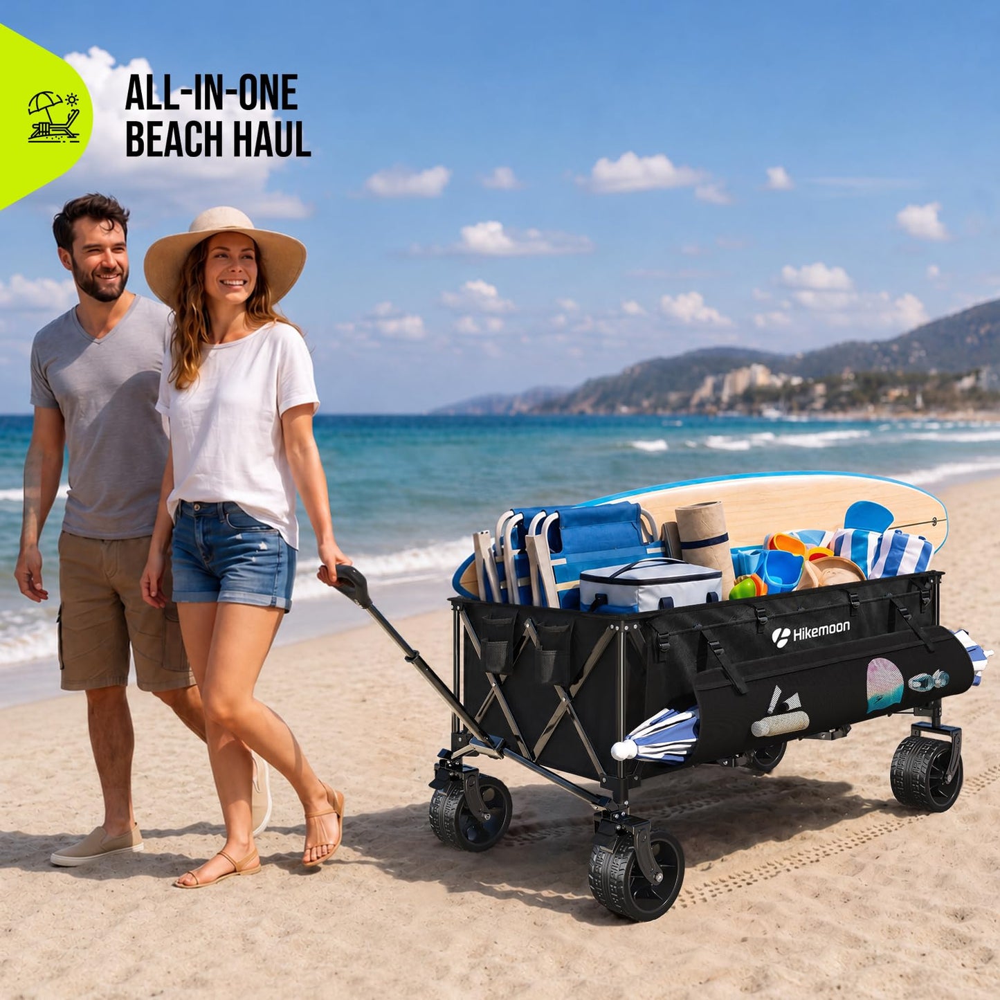 Hikemoon 54" Long Collapsible Wagon 400L Extra Large, Wagons Carts Foldable with Big All-Terrain Wheels, 560LBS Heavy Duty, Utility Folding Cart for Beach, Camping, Grocery, Sports, Garden, Black
